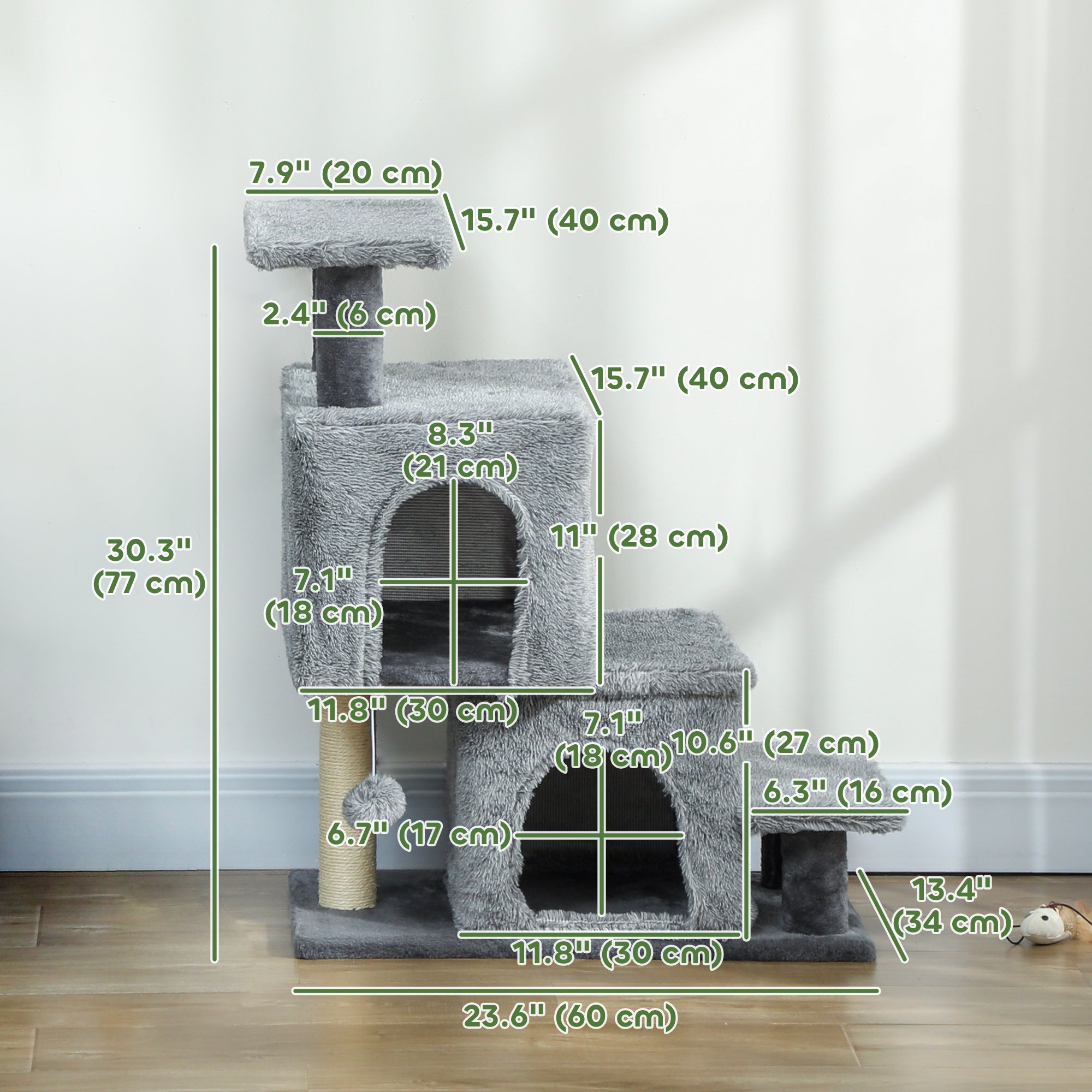 4-Step Pet Stairs, Adjustable Height Cat Stairs with Scratching Posts Cat Condo, Hanging Ball for High Bed, Grey