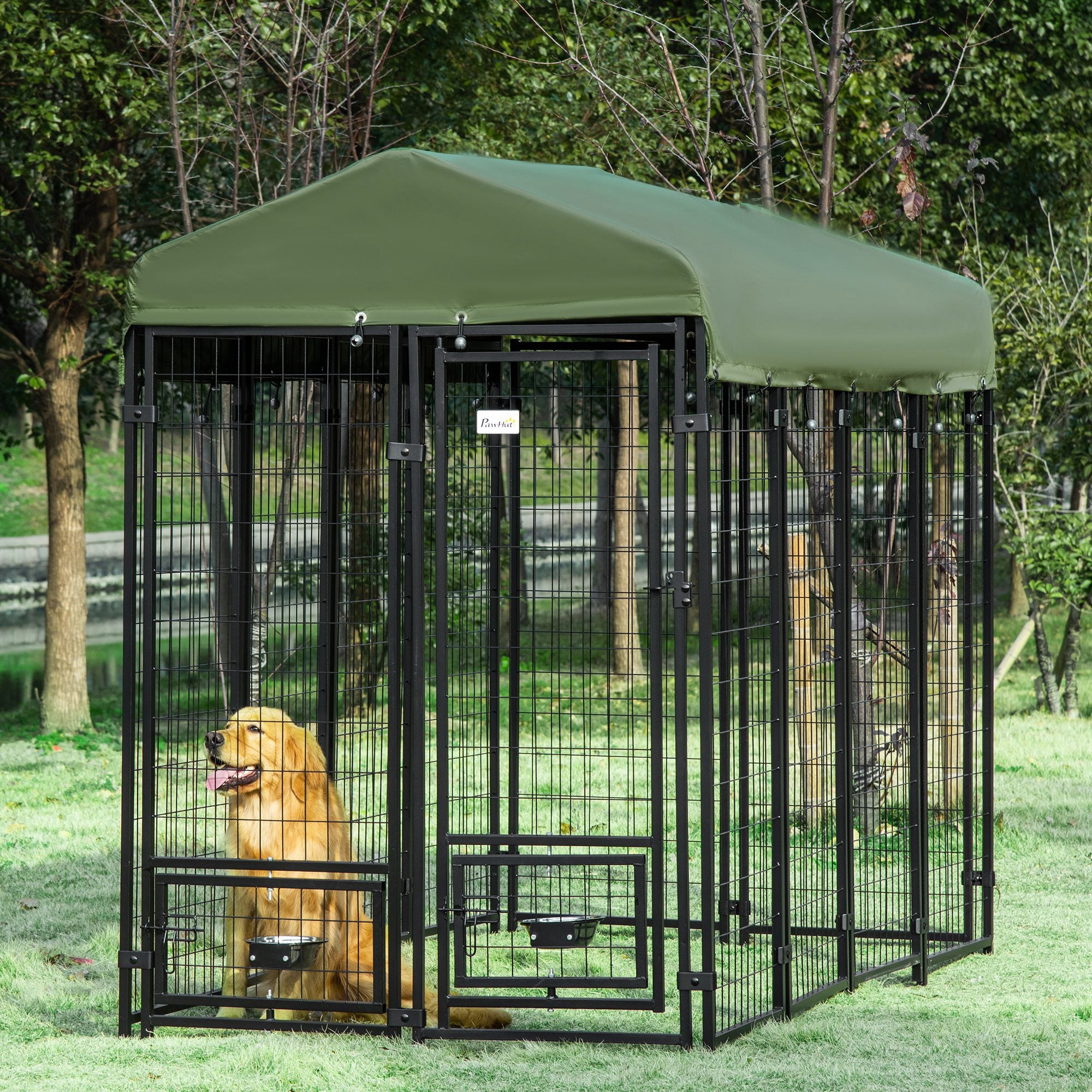 Chenil extérieur pour chien, parc-cage verrouillable pour animaux, clôture en acier à fils soudés, supports de bols rotatifs, vert