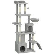 67" Large Cat Tree with 7 Scratching Posts, Tunnel, 2 Condos, Hammock, Perch, Ramp, Pompoms, Light Grey