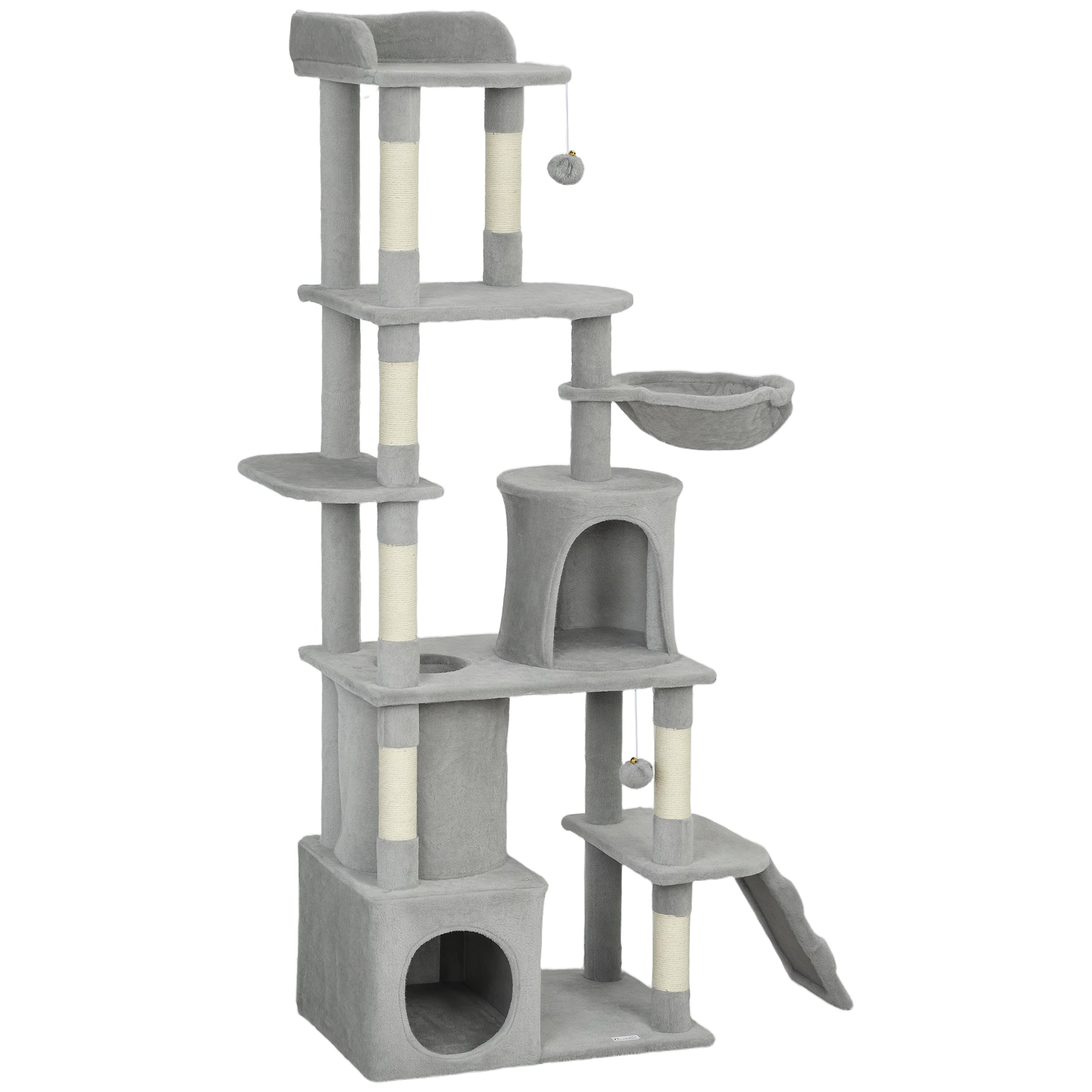 67" Large Cat Tree with 7 Scratching Posts, Tunnel, 2 Condos, Hammock, Perch, Ramp, Pompoms, Light Grey