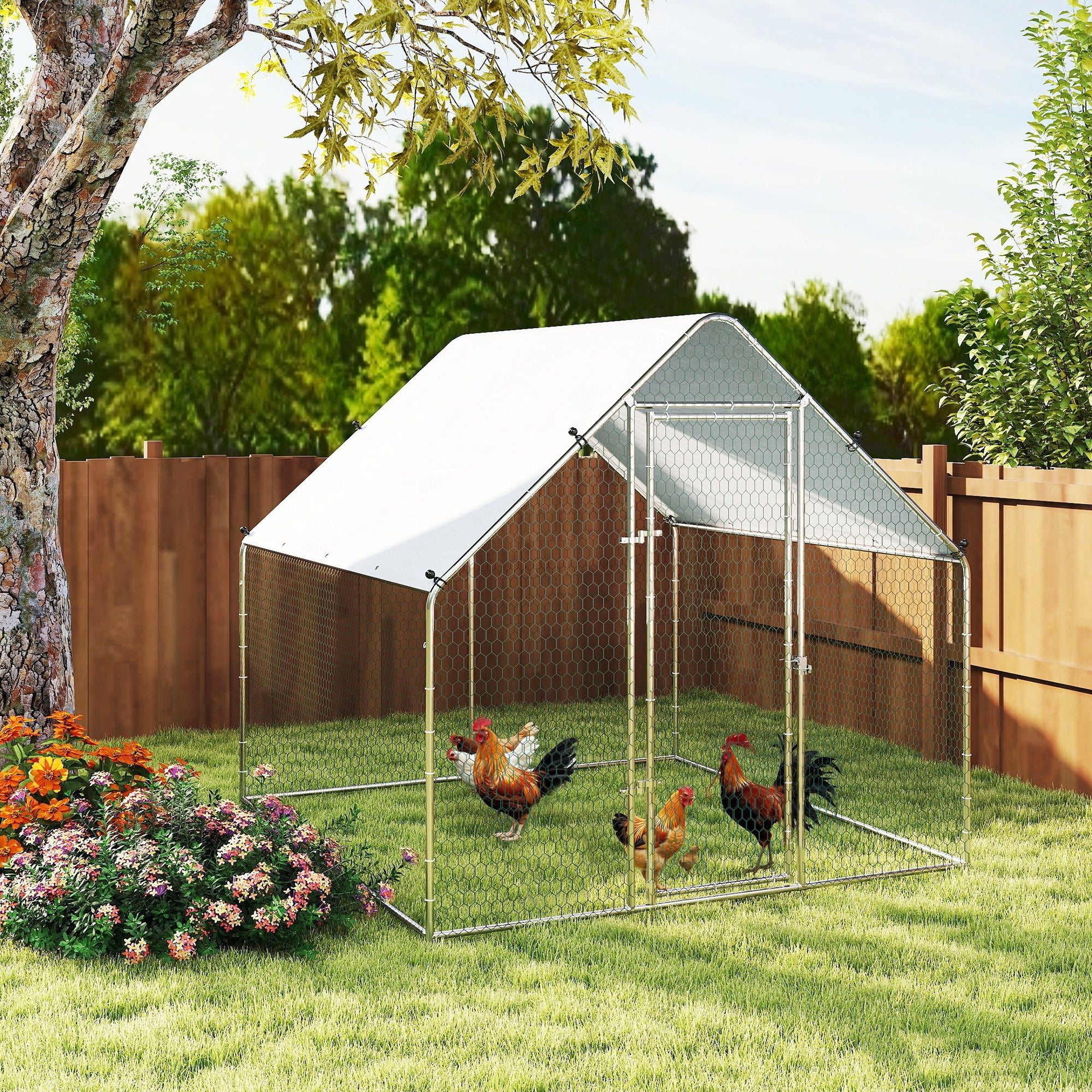 Metal Chicken Coop with Water- and UV-Protection Cover for Backyard Hen, Duck, Rabbit, 6.6' x 6.6' x 6.6'