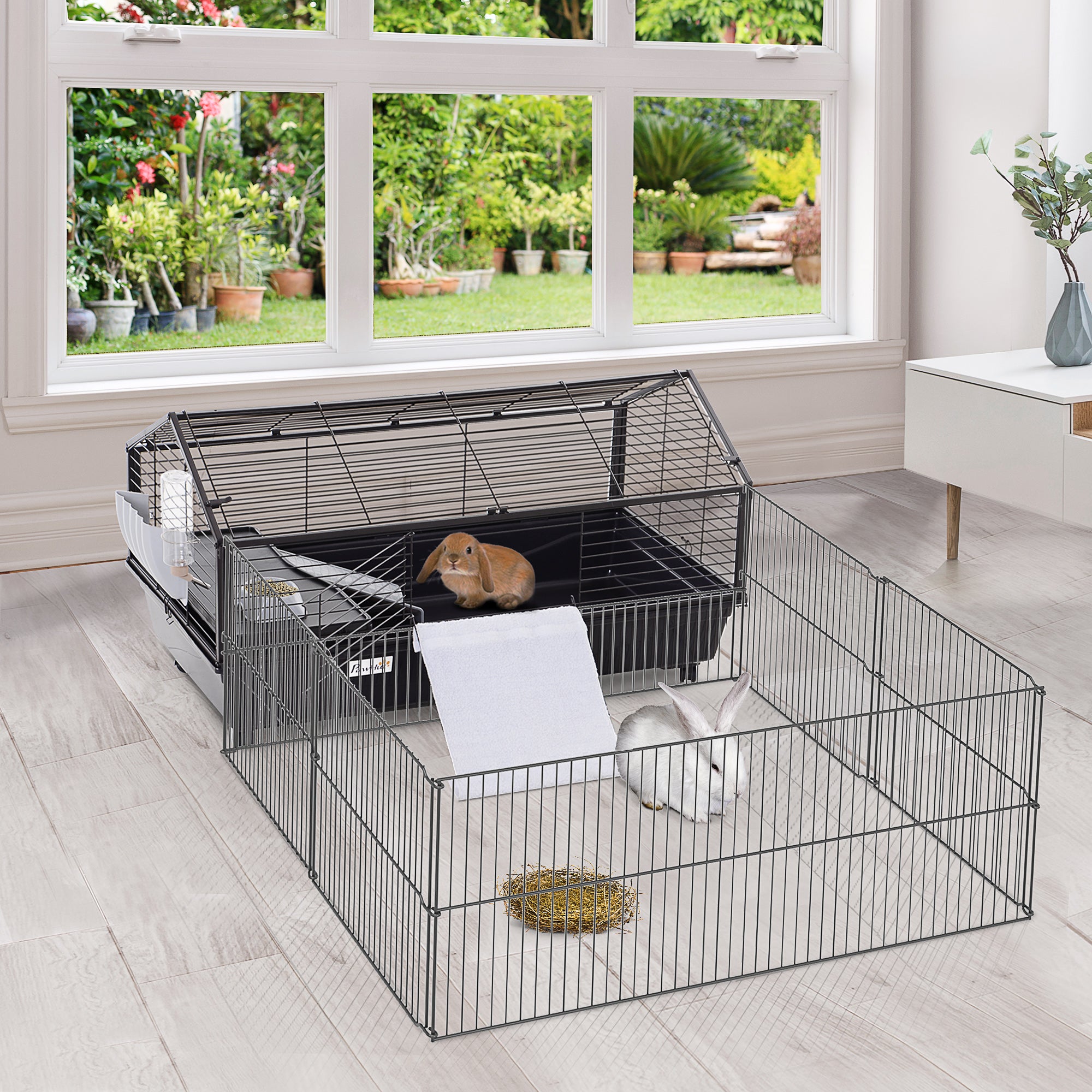 Guinea Pig Cage with Foldable Detachable Playpen, Rolling Rabbit Chinchilla Hedgehog Bunny Cage Small Animal Habitat with Water Bottle, Hay Feeder, 34.5" x 50.5" x 22"