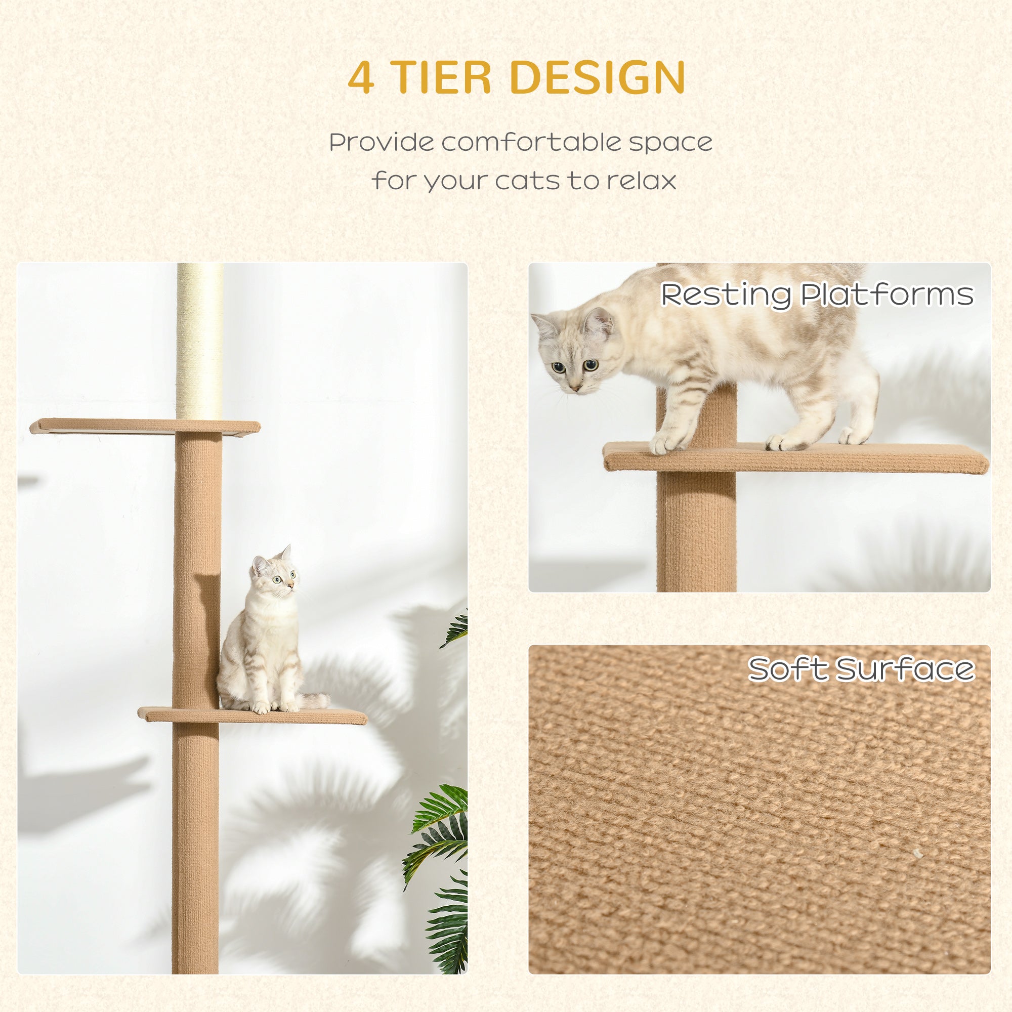 100" Floor To Ceiling Cat Tree w/ 3 Perches Activity Center for Kittens Cat Tower Furniture, Brown