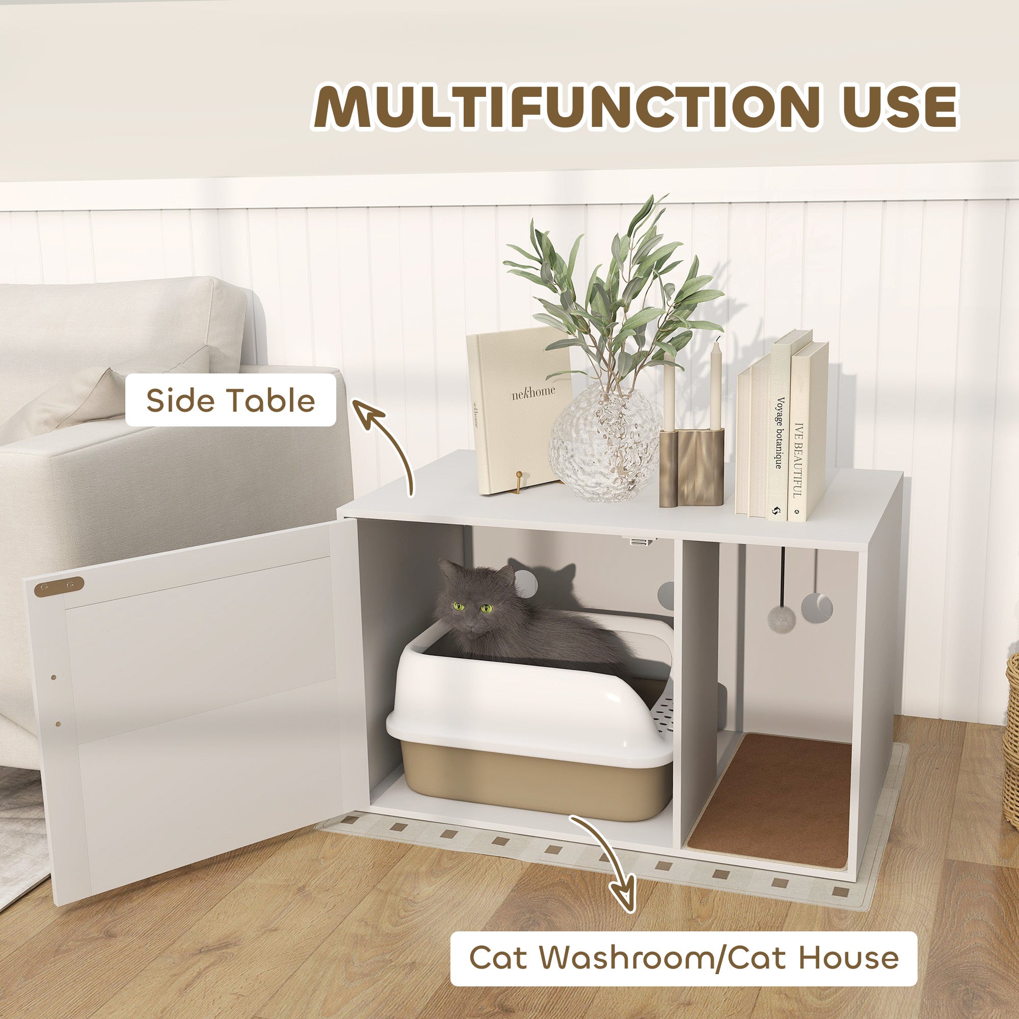 Cat Litter Box Enclosure, Cat Washroom End Side Table with Rattan Door, Scratching Pad, Non-slip Foot Pads, White