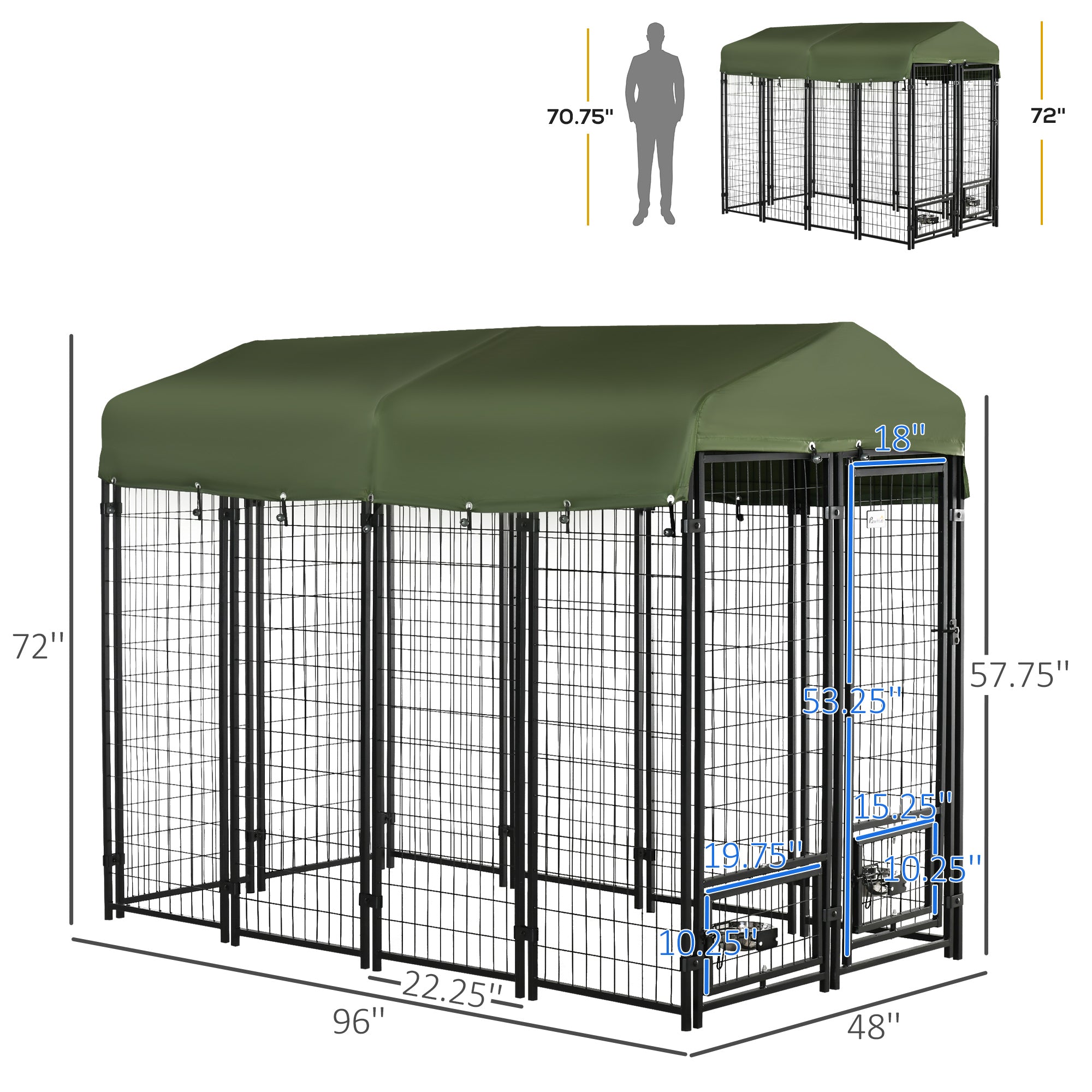 Chenil extérieur pour chien, parc-cage verrouillable pour animaux, clôture en acier à fils soudés, supports de bols rotatifs, vert