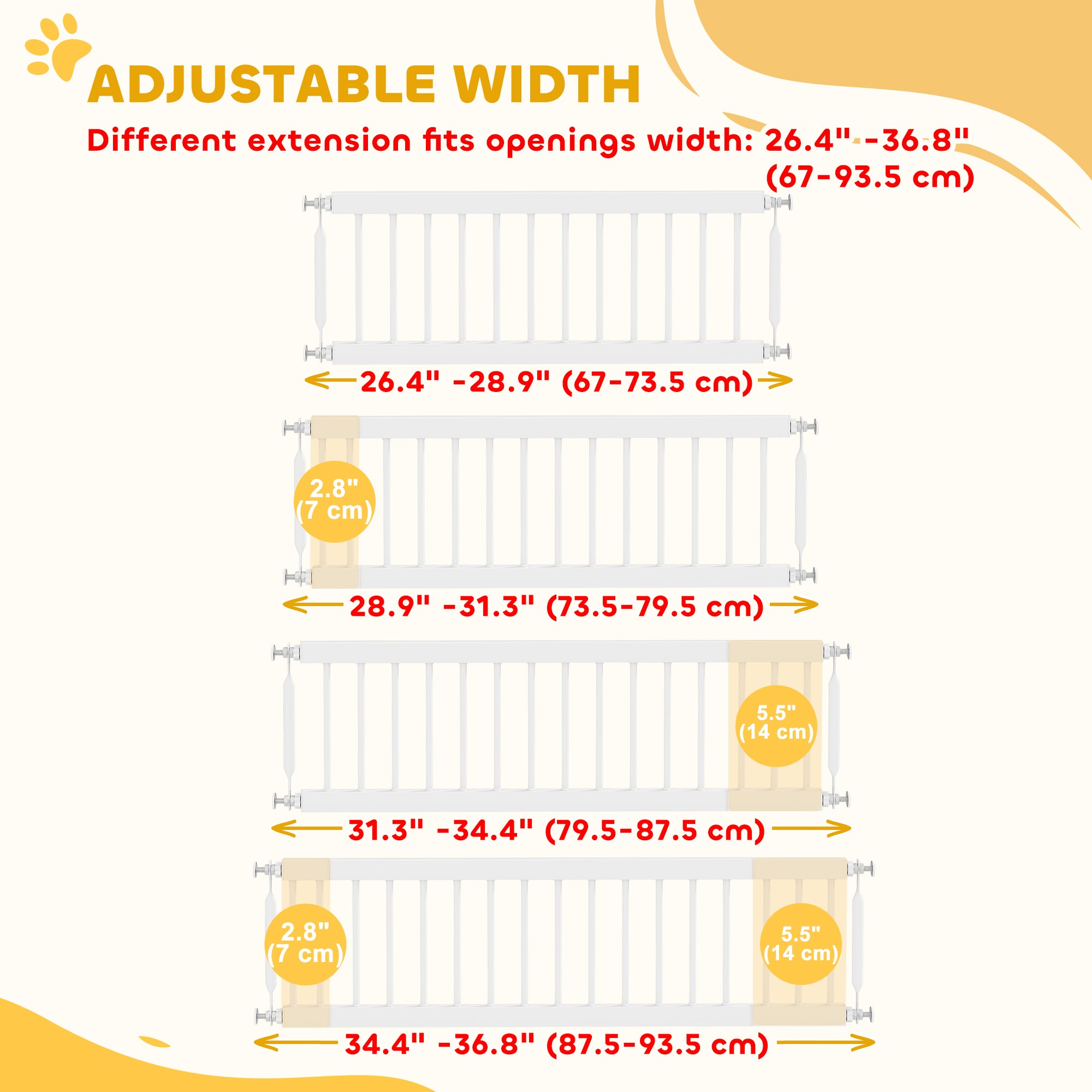 26"-37" Dog Gate, Adjustable Pet Gate, Fits 10" Tall with 2 Extension, Pressure Mount Kit for Stairs and Doorways, White