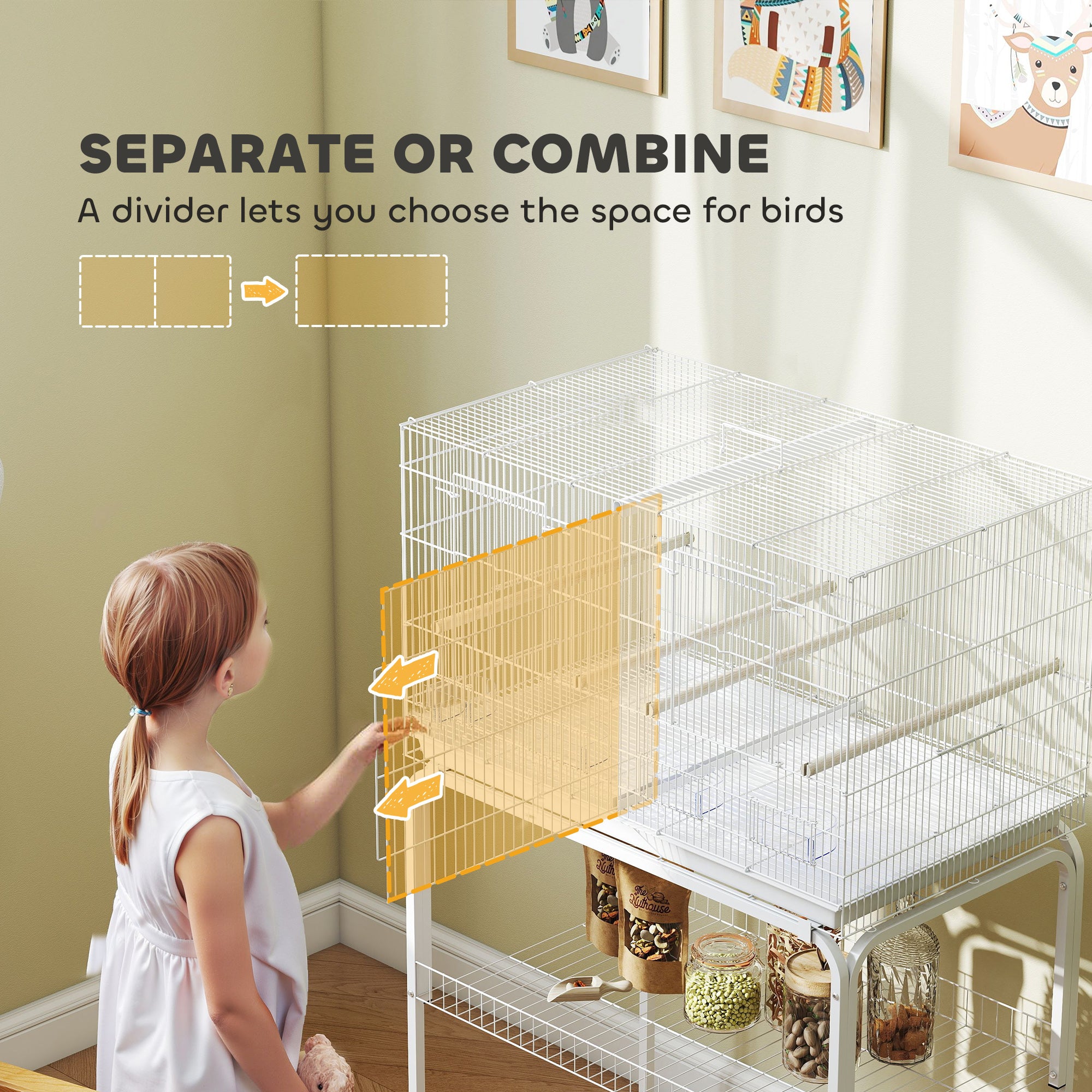 46" H Bird Cage, Large Parakeet Cage for Budgie, Lovebird, Canary, Finches with Divider, White