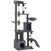 67" Large Cat Tree with 7 Scratching Posts, Tunnel, 2 Condos, Hammock, Perch, Ramp, Pompoms, Dark Grey