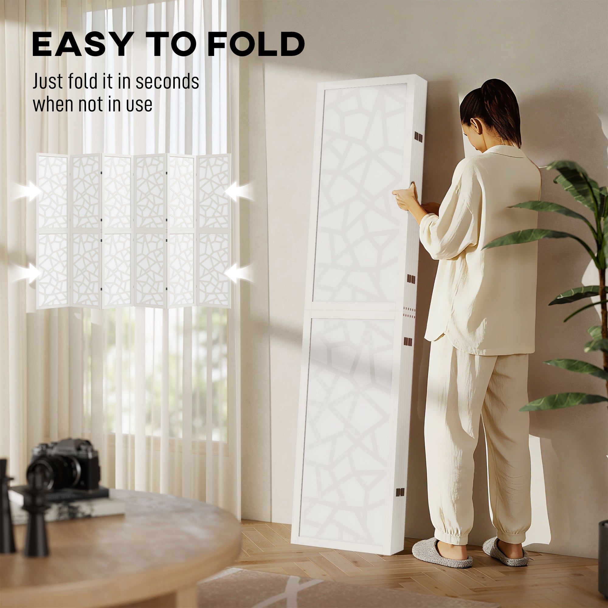 6 Panel Room Divider, 5.6 FT Lightweight Folding Privacy Screen with Geometric Pattern for Living Room, Bedroom, White