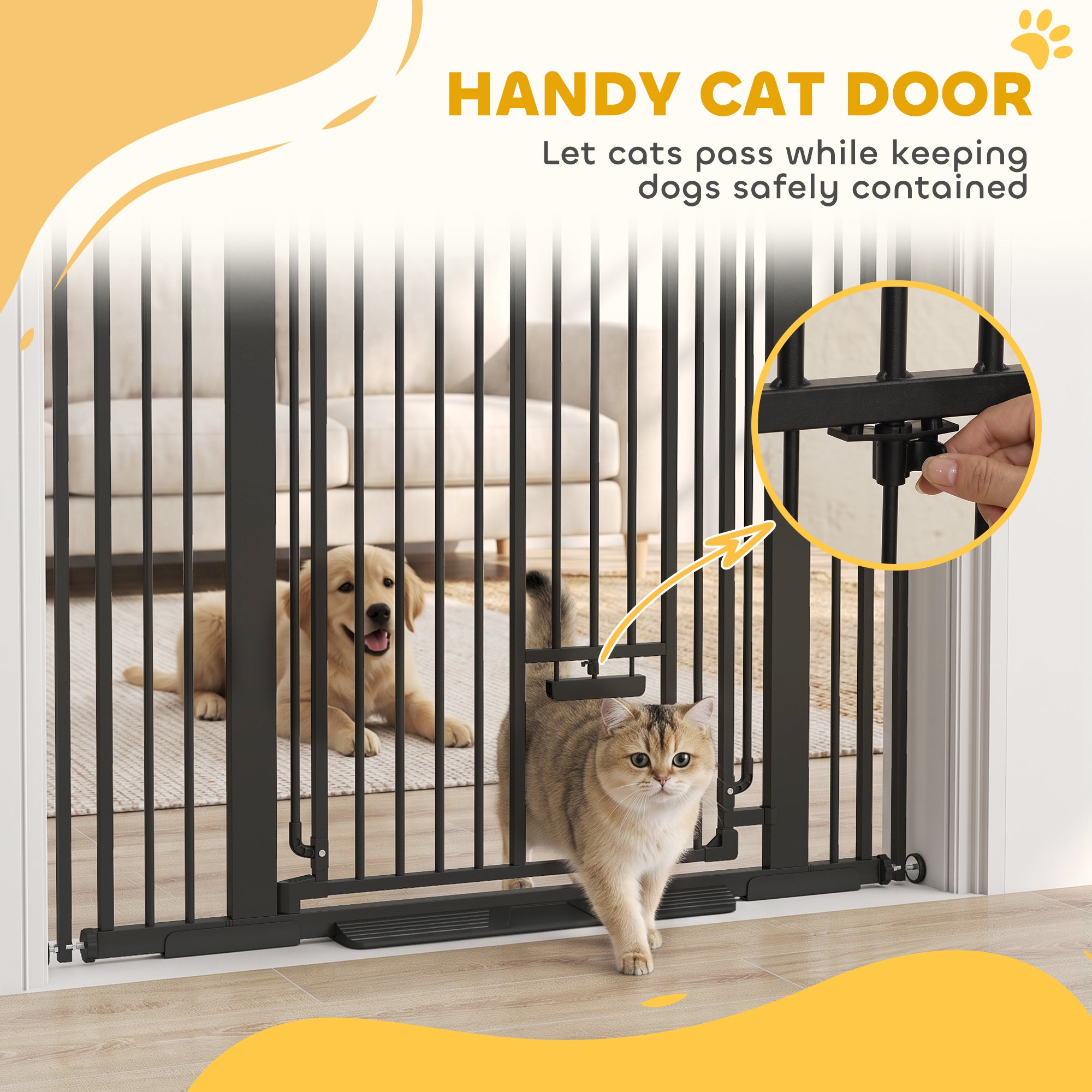 53.1" Tall Dog Gate with Cat Door, 32"-42.5" Wide Adjustable Pressure Mounted for Doorways, Hallways, No Drilling, Black