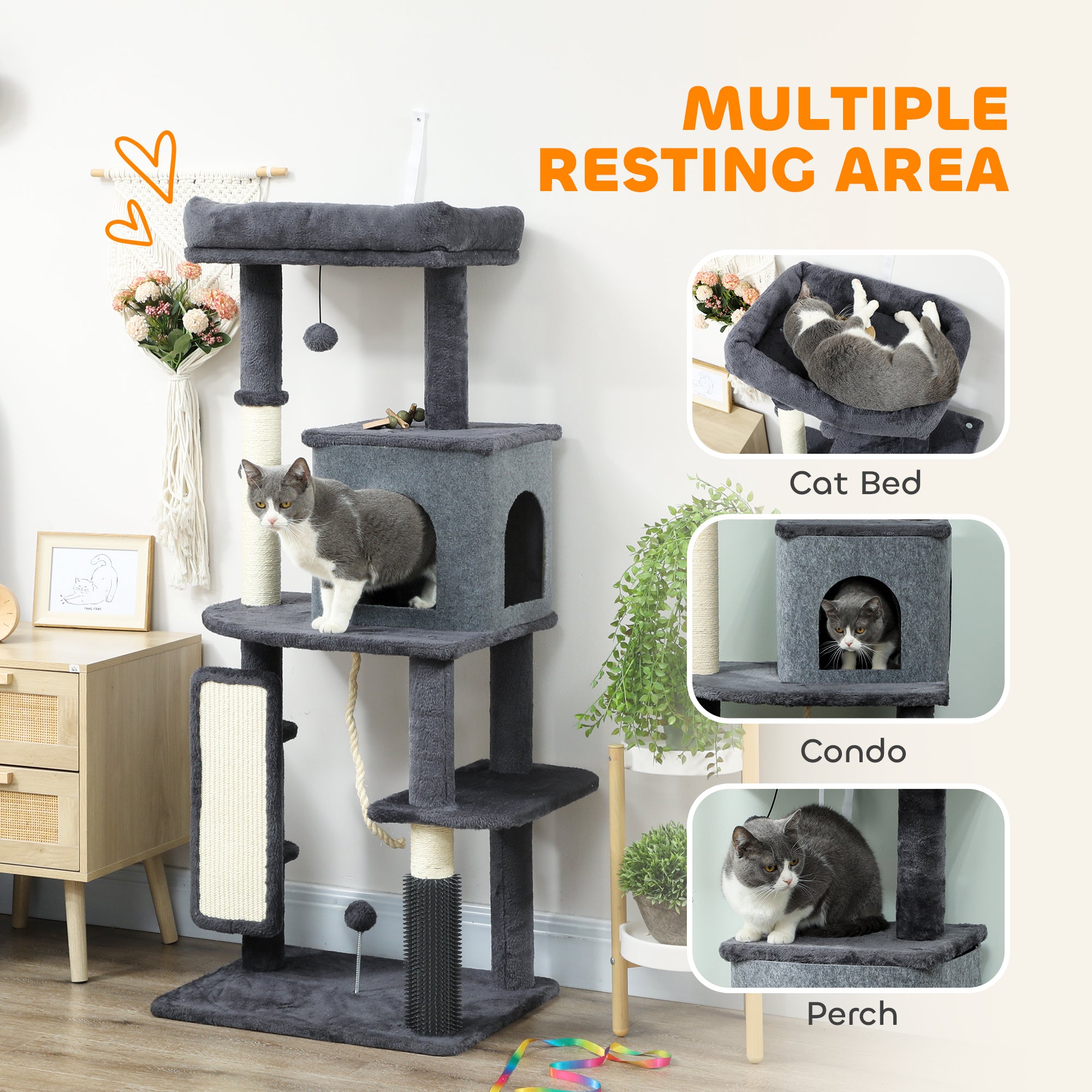 52 Inch Cat Tree with Scratching Posts, Cat Bed, Condo, Grooming Brush, Jumping Platforms, Toy Balls, Anti-tip Kit