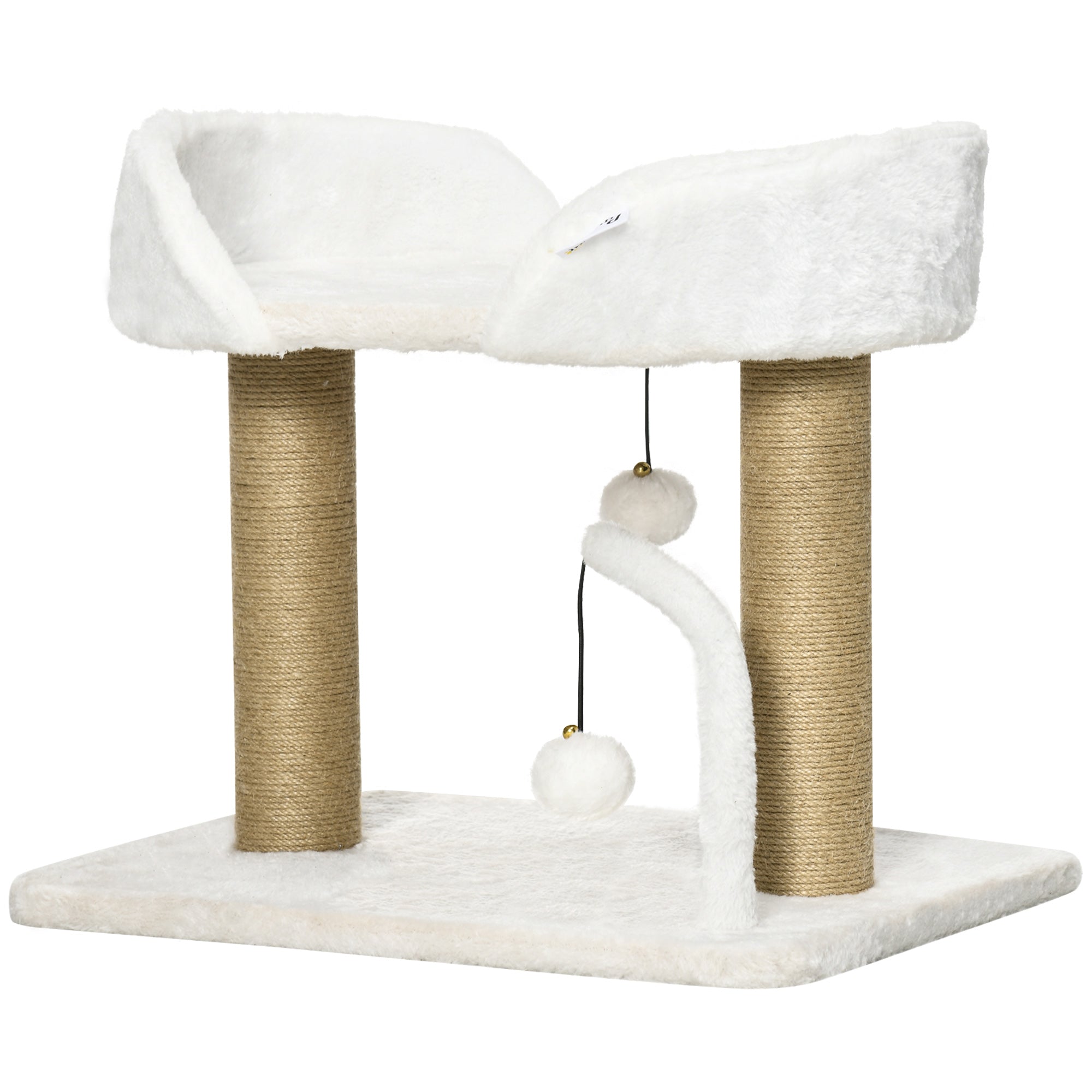Condo pour chats d’intérieur, petit arbre à chat avec poteaux à griffer en jute, plateforme supérieure, balles suspendues, blanc
