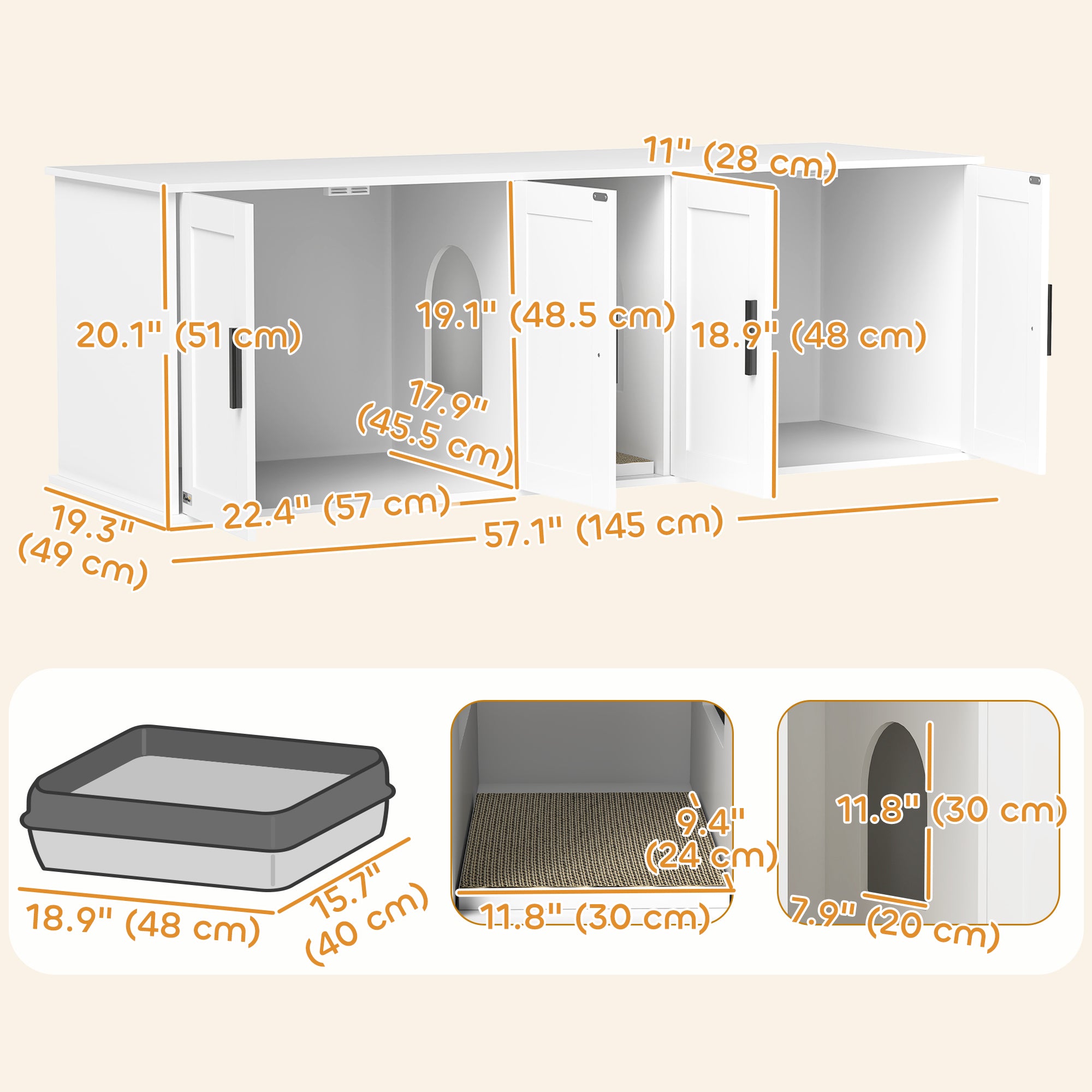 Cat Litter Box Enclosure with Double Room, Scratching Board for 2 Cats, 57" x 19" x 20", White
