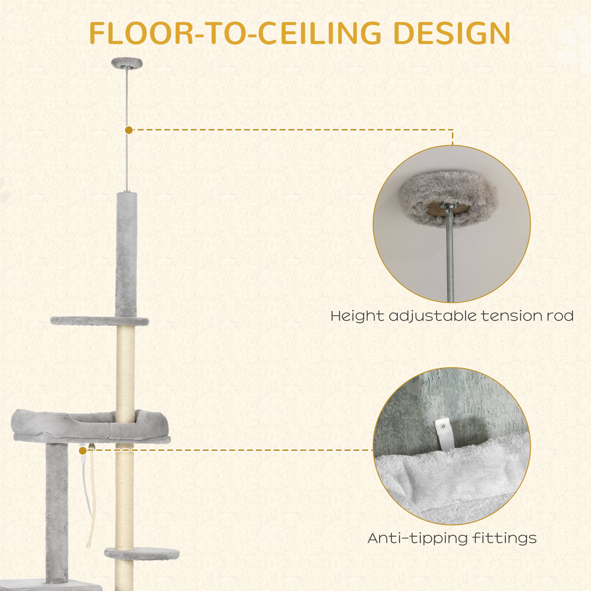 Cat Tree Floor to Ceiling Cat Tower Height Adjustable( 85-101 Inches), Tall Large Cat Climbing Activity Center with Scratching Posts Cat Condo Cozy Bed, Grey