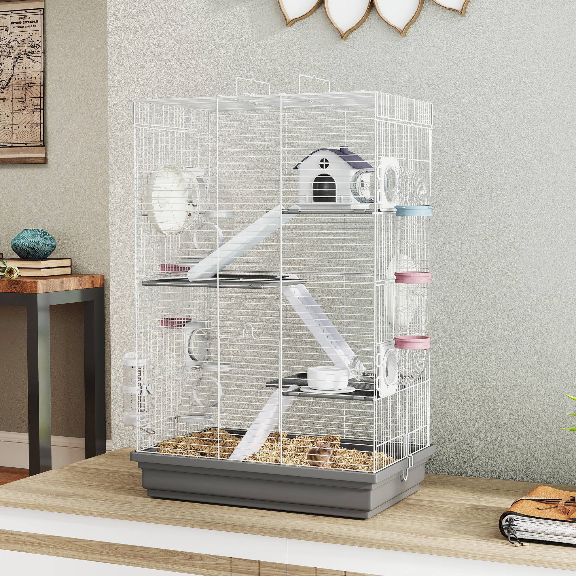 4-Level Large Hamster Cage with DIY Tubes, Water Bottle, Food Dish, Hut, Exercise Wheels, Grey