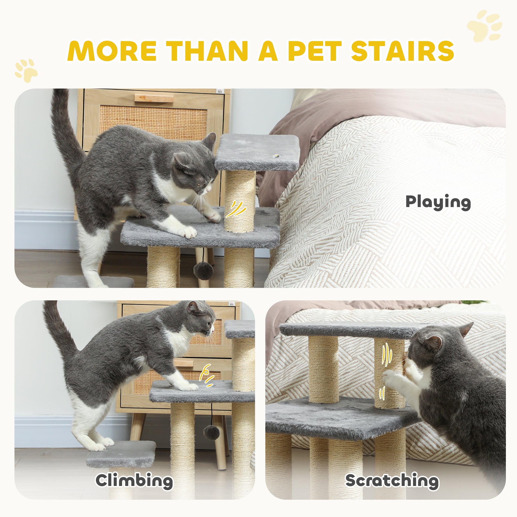 Cat Stairs with 2 Sisal Scratching Post for High Bed Couch, Adjustable 3-Tier Pet Stairs, White & Grey