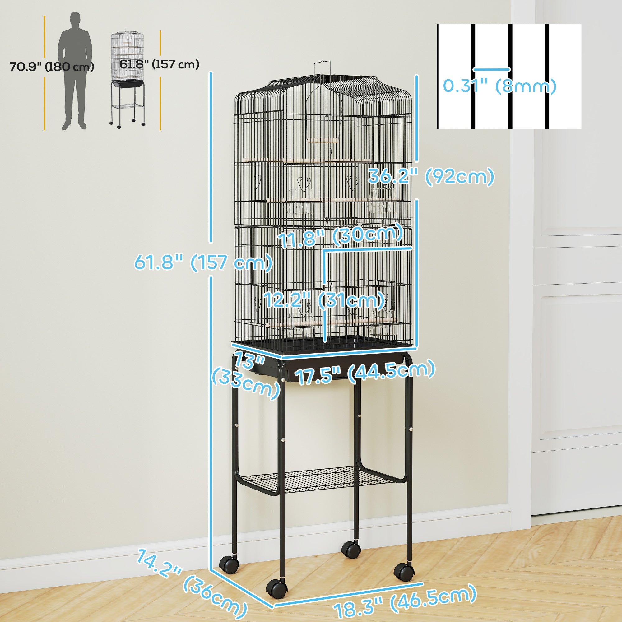 62" Rolling Bird Cage Cockatoo House Play Top Finch Pet Supply with Storage Shelf, Wheels - Black