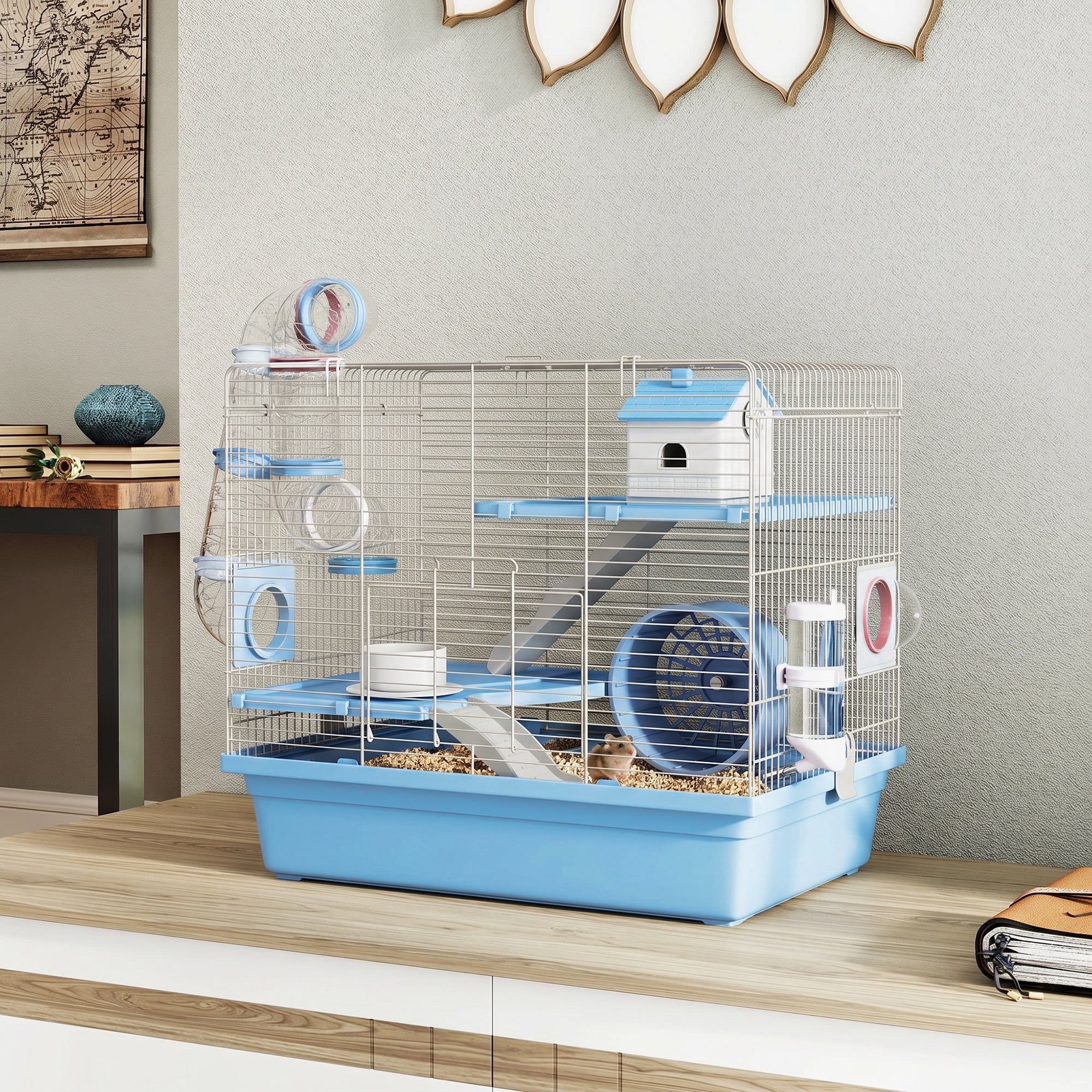 Hamster Cage, 3-Tier Small Animal Cage with Excerise Wheel, Food Bowl, Water Bottle, House, Tunnels, Ramps