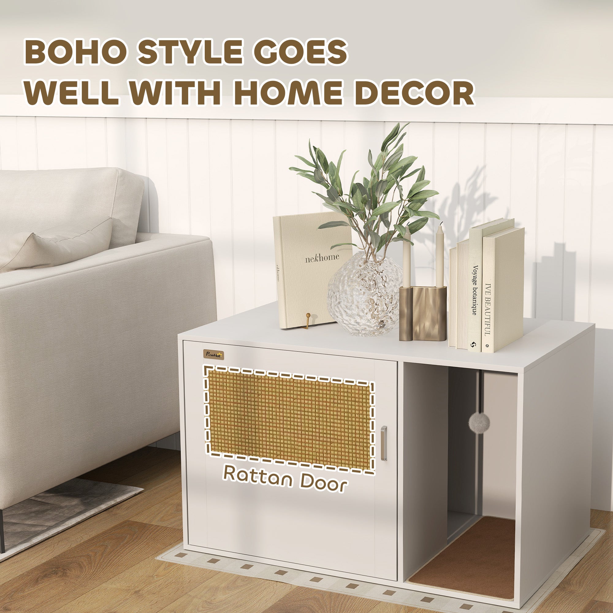 Cat Litter Box Enclosure, Cat Washroom End Side Table with Rattan Door, Scratching Pad, Non-slip Foot Pads, White