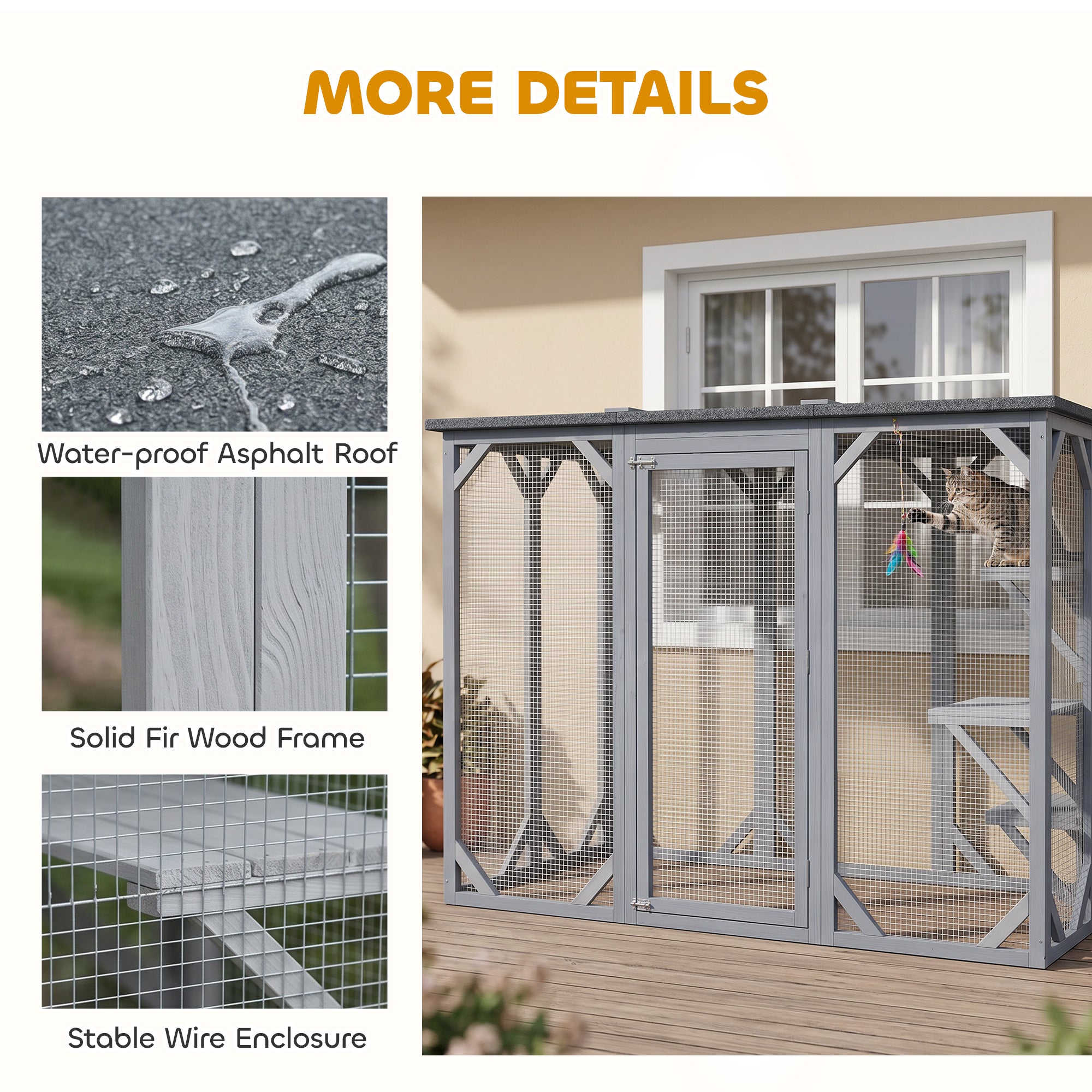 44.1" H Cat Cage, Indoor Outdoor Wooden Enclosure Pet House, Small Animal Cage Hutch, Suitable for Rabbit, Dogs, Kitten, Crate Kennel with Waterproof Roof, Multi-Level Platforms, Lock, Grey