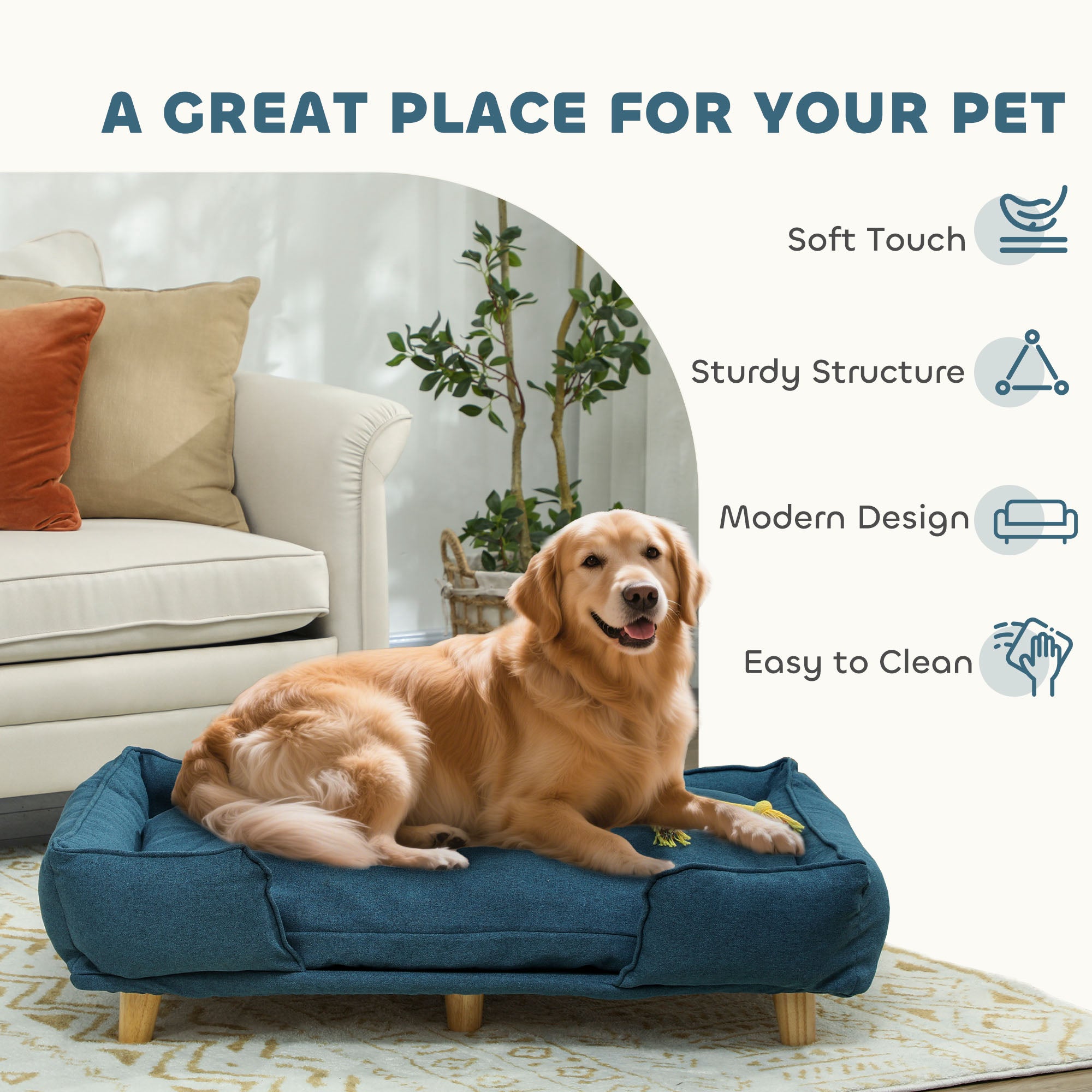 Canapé pour chien lavable pour grands chiens, canapé pour animal surélevé avec pieds antidérapants, bleu foncé
