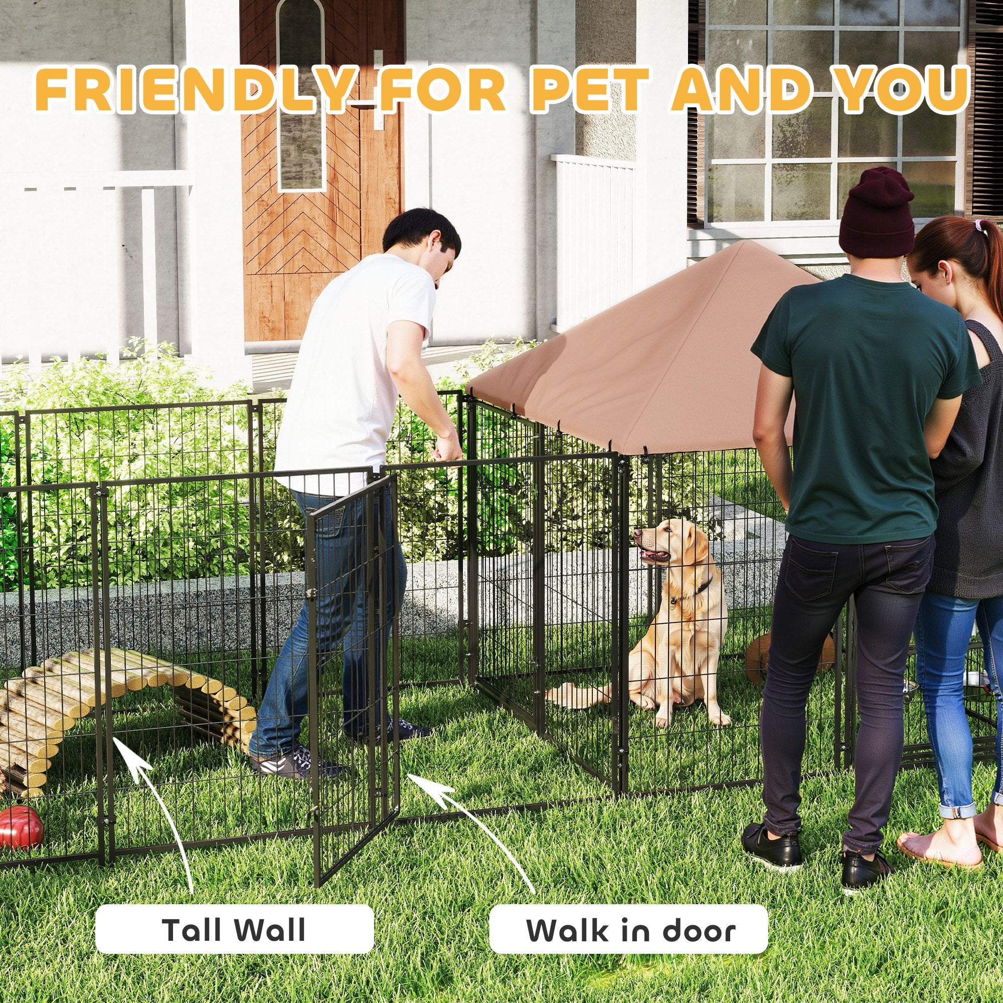 Outdoor Dog Kennel with 2 Rooms, Rotating & Adjustable Height Bowls, Waterproof UV-Resistant Cover, 16.2' x 4.7' x 5.1'