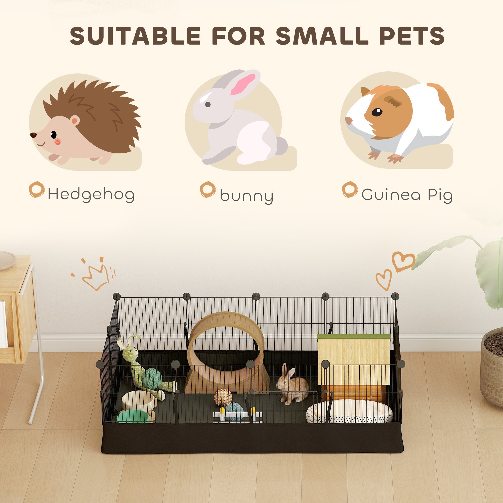 Small Animal Cage Waterproof Mat DIY Animal Playpen for Guinea Pigs Rabbits 12 Panels and Door Black