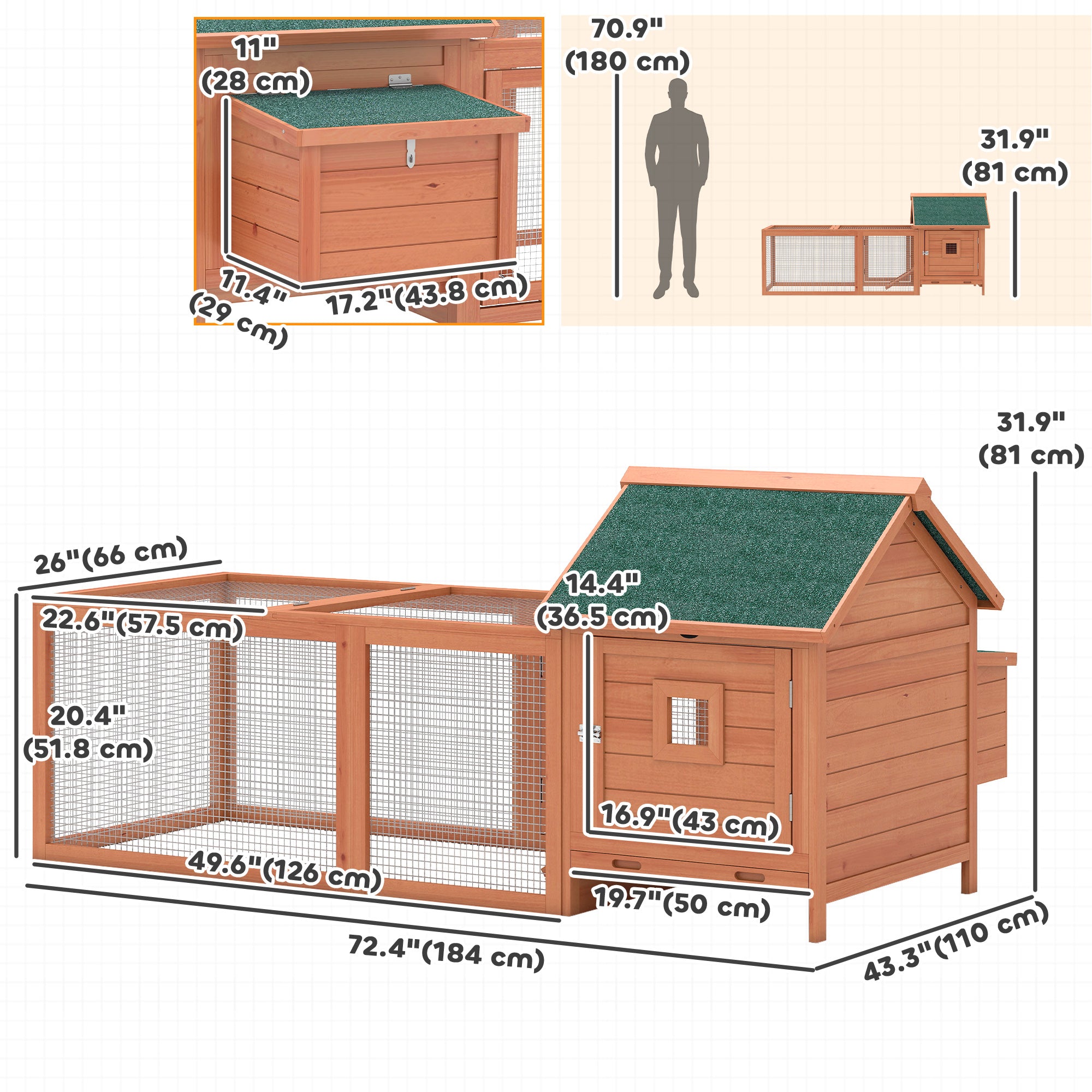 72" Chicken Coop, Wooden Hen House for 2 Chickens, Poultry Cage with Run, Nesting Box, Removable Tray, Waterproof Roof