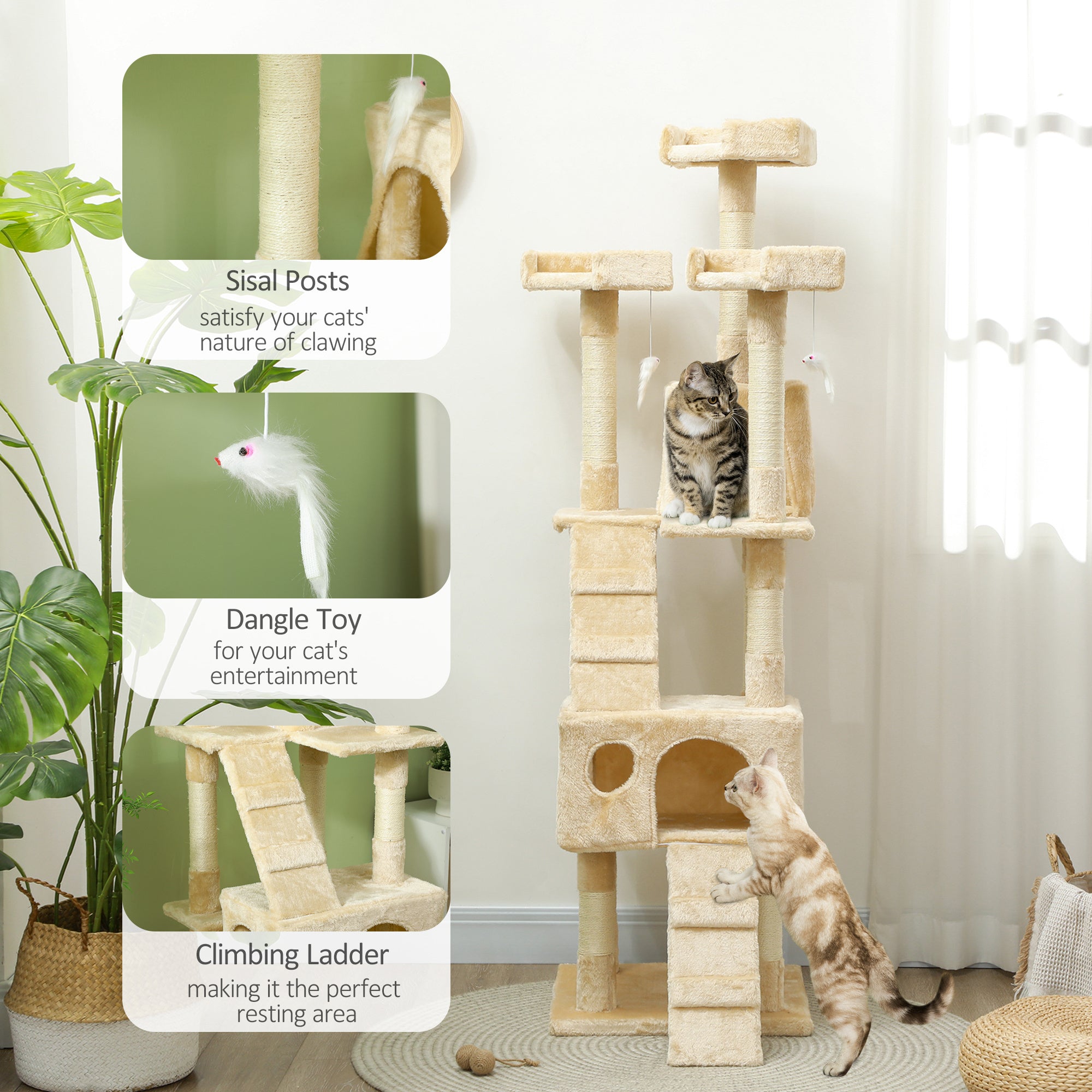 68-inch Multi-Level Cat Scratching Tree Kitty Activity Center Post Tower Condo Pet Furniture w/ Toy Beige