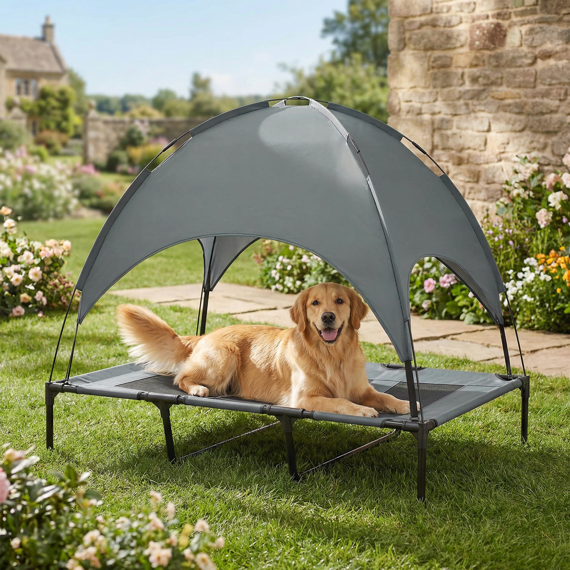 Elevated Dog Bed with Canopy, Portable Raised Dog Cot for XL Sized Dogs, Indoor & Outdoor, 48" x 36" x 43", Grey