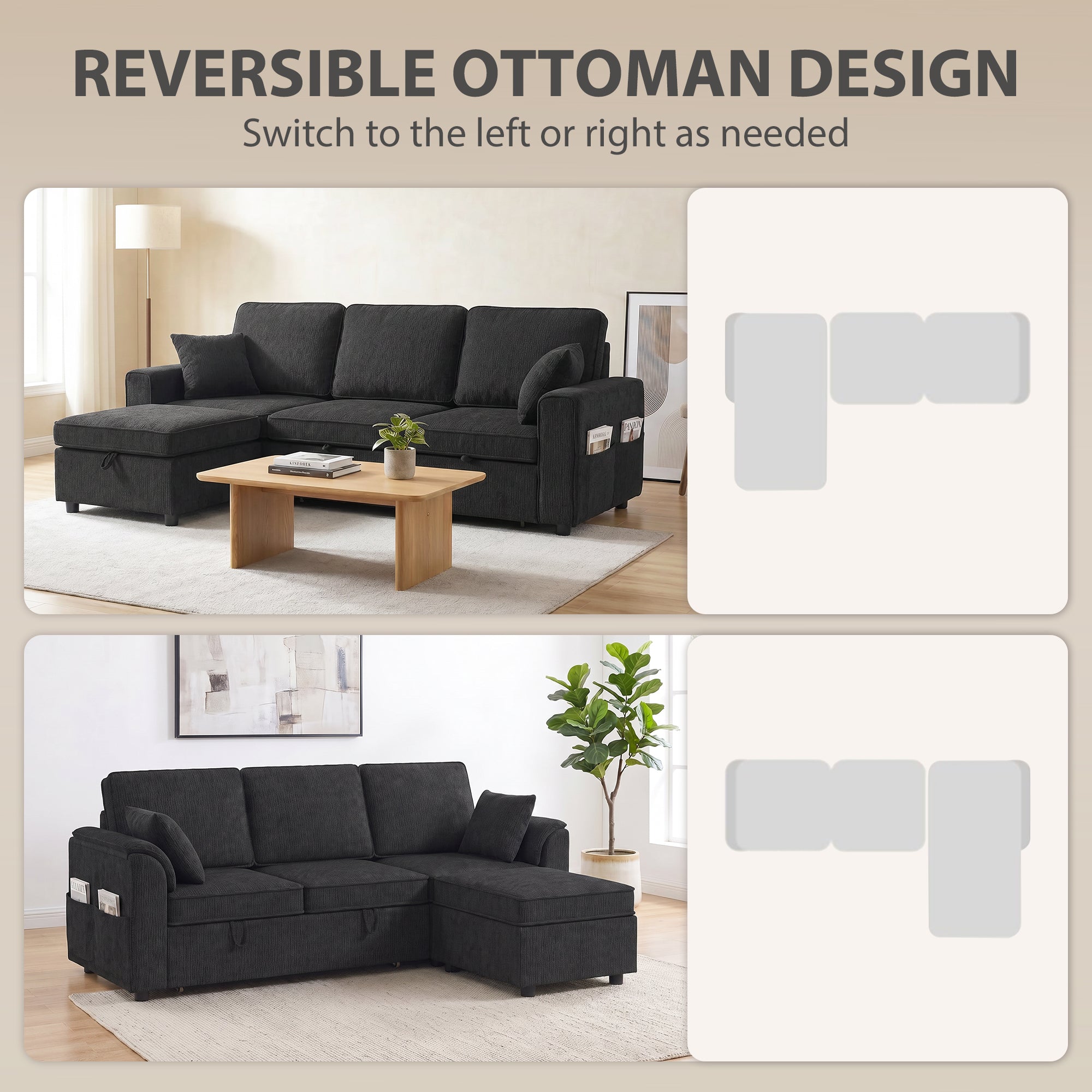 Sectional Sofa Bed Reversible Pull Out Sleeper Sofa Storage Ottoman, Black-Home Furnishings > Living Room Furniture > Sofas & Reclining Chairs-DECOROLALA