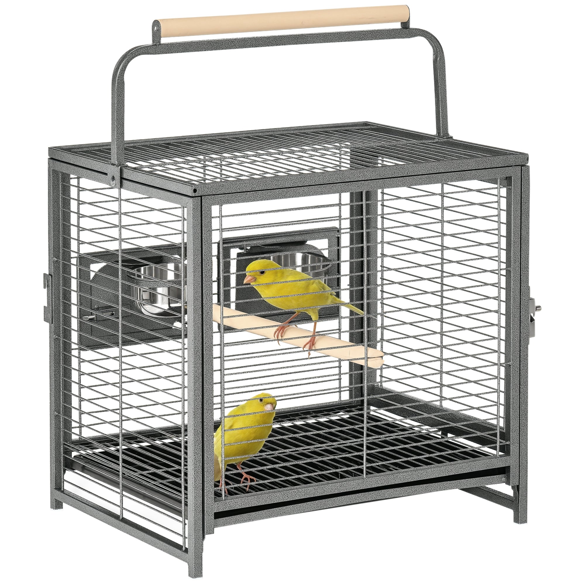 Bird Travel Carrier Cage, Portable Metal Bird Cage for Parrots Conures Cockatiel Parakeets with Stand Perch, Stainless Steel Bowls, Pull Out Tray, 19" x 15" x 26", Black