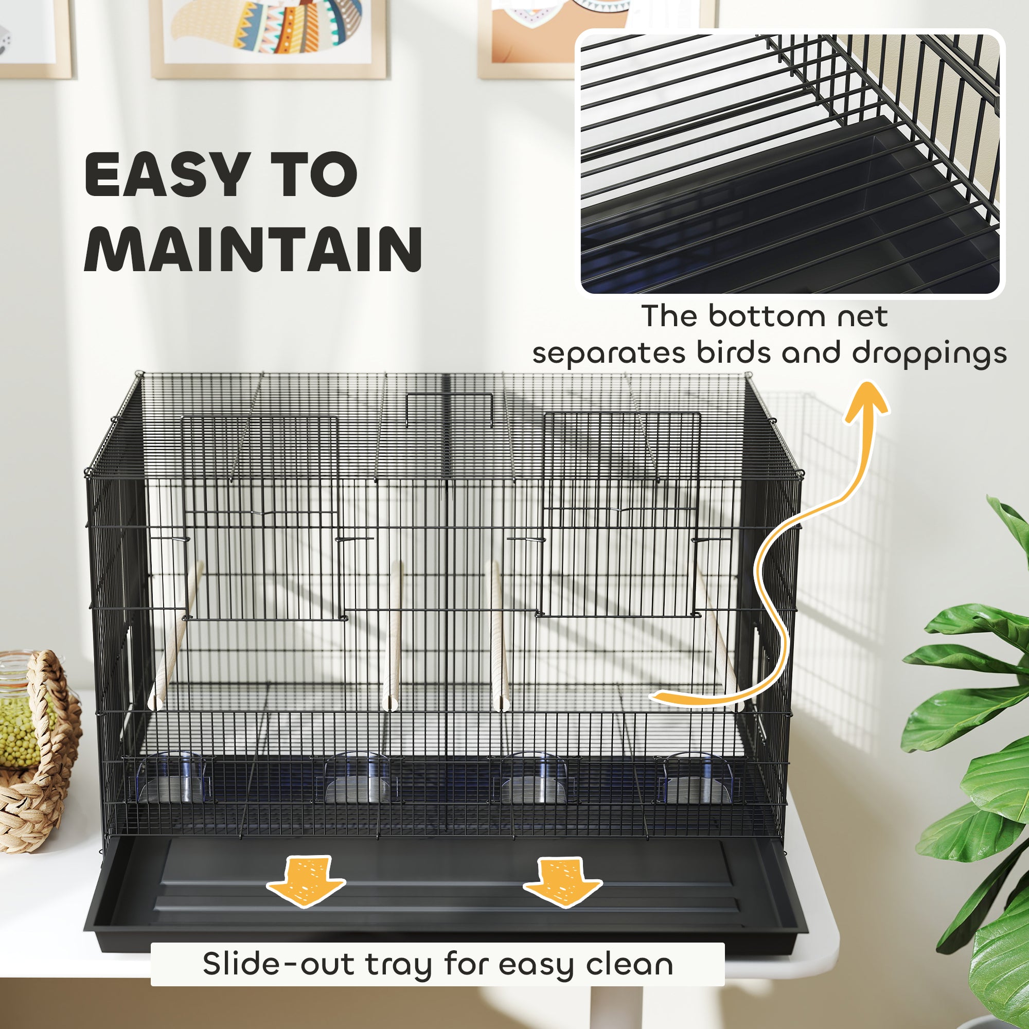 18" H Bird Cage, Large Parakeet Cage for Budgie, Lovebird, Canary, Finches with Divider, Black