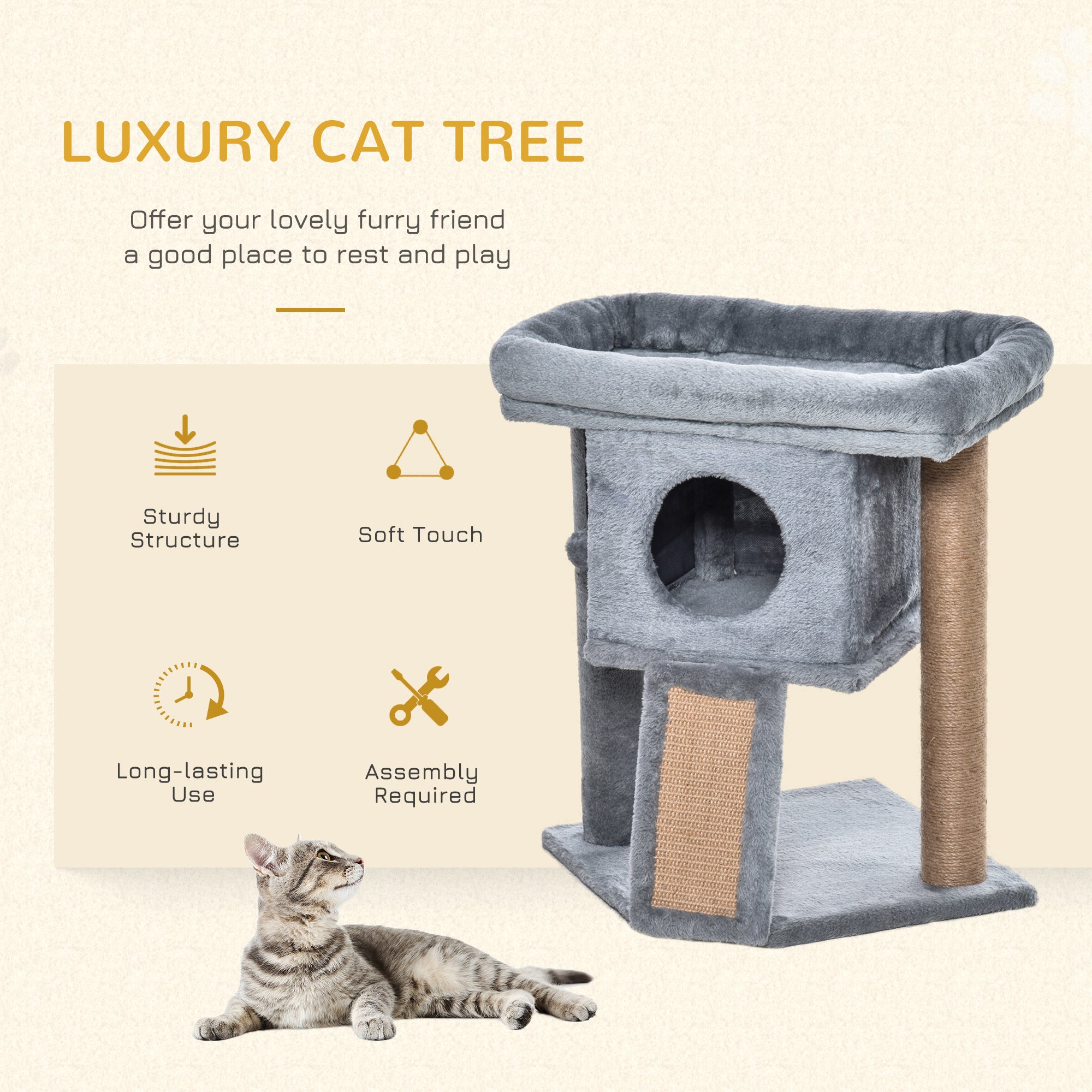 Cat Tree, Small Cat Tower with Perch, Scratching Post, Cat Condo, Toy Ball for Kitty, Indoor Use, Grey