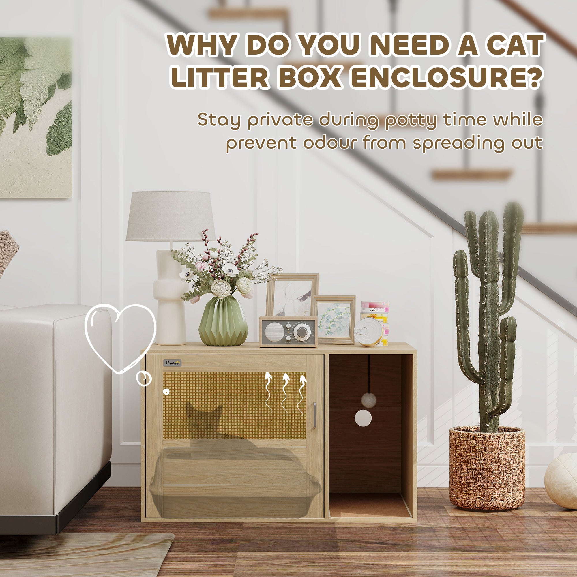 Cat Litter Box Enclosure, Cat Washroom End Side Table with Rattan Door, Scratching Pad, Non-slip Foot Pads, Oak