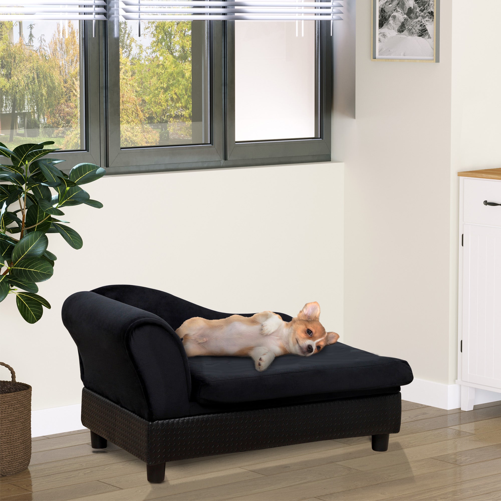 Canapé pour chien, chaise longue et lit pour animaux avec espace de rangement, pour petits chiens et chats, coussin en éponge, coloris noir