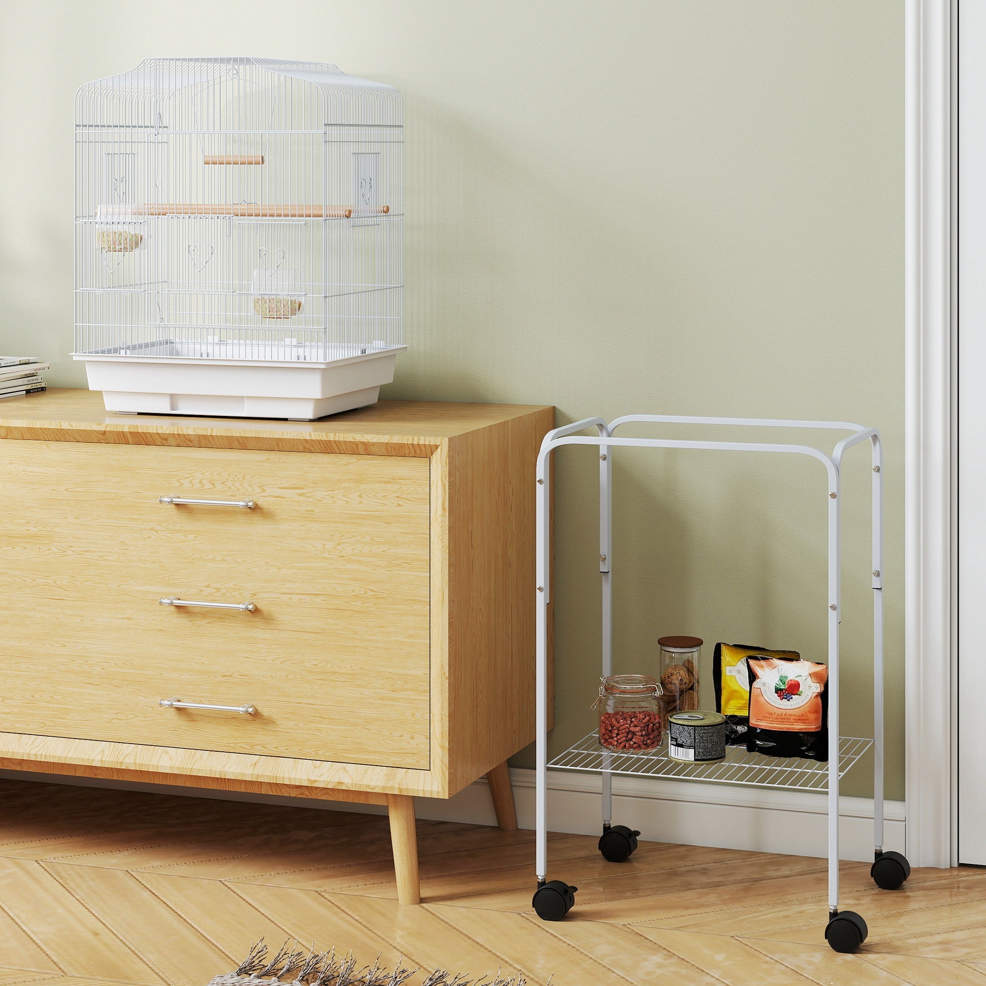 49" Rolling Bird Cage Cockatoo House Play Top Finch Pet Supply with Storage Shelf, Wheels - White