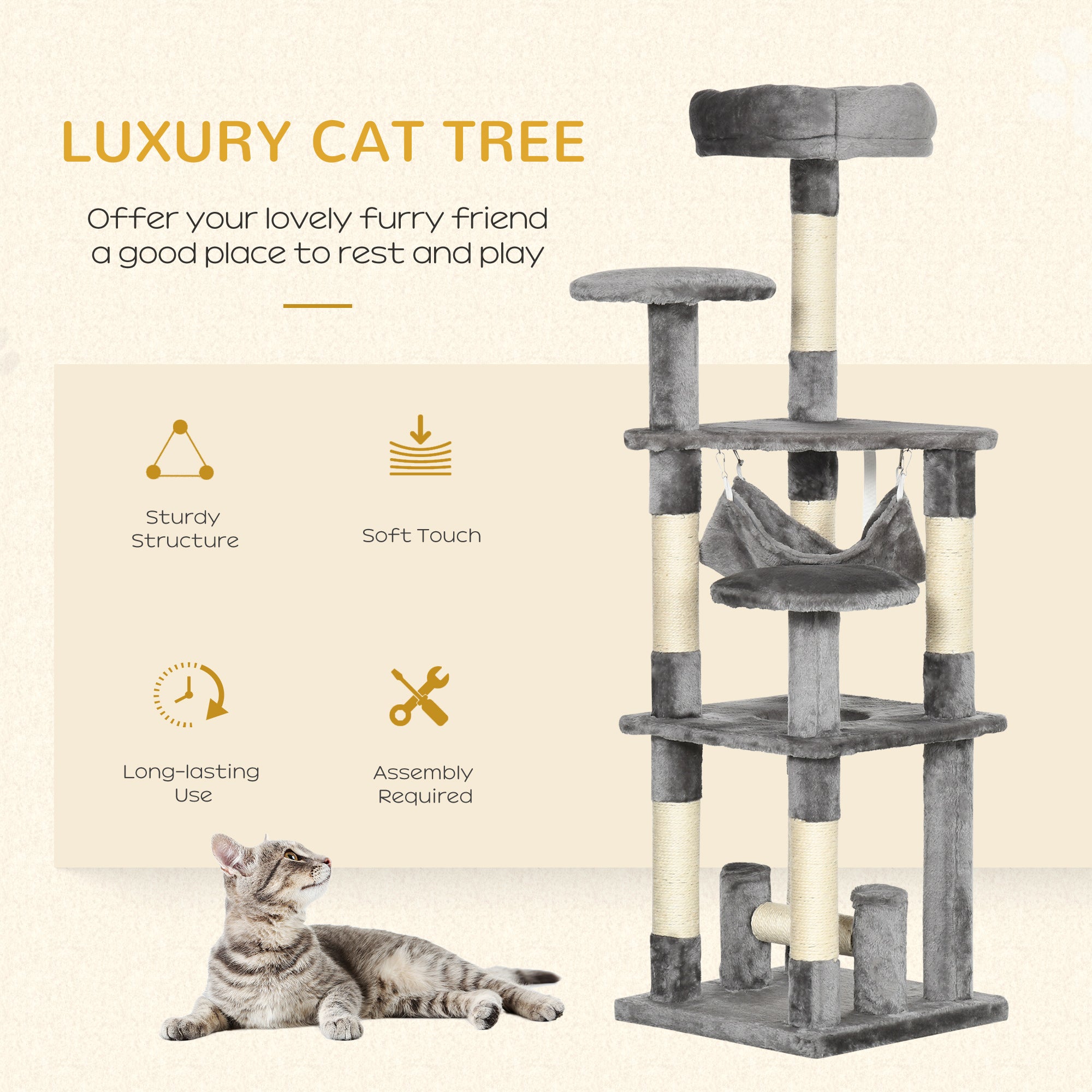 Arbre à chat multi-niveaux de 52", griffoir, centre d’activités et maison de jeu pour chaton avec hamac – gris