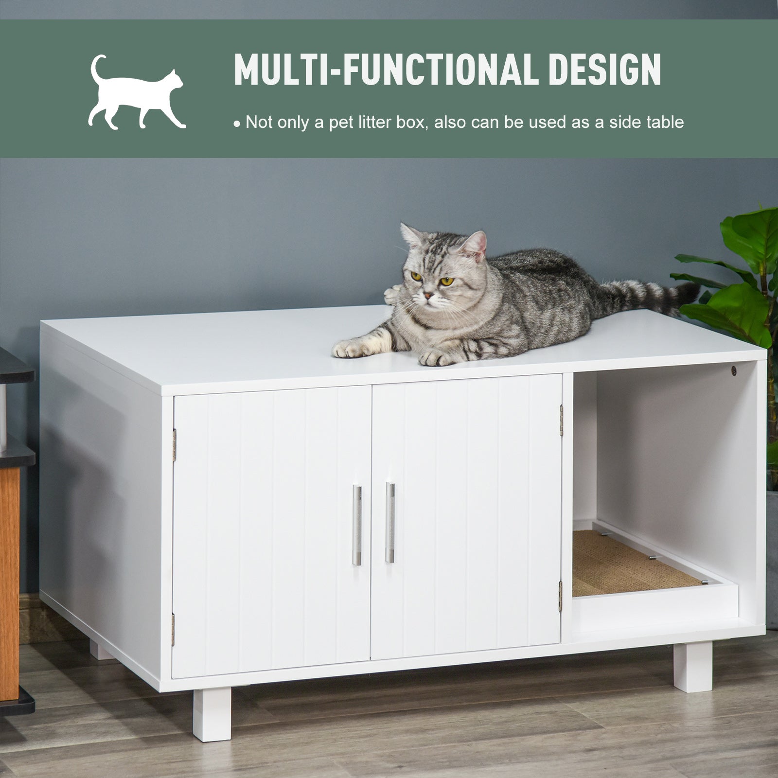 Meuble cache-litière pour chat, meuble-litière dissimulé, maison pour chat avec compartiment toilettes et griffoir, table d’appoint