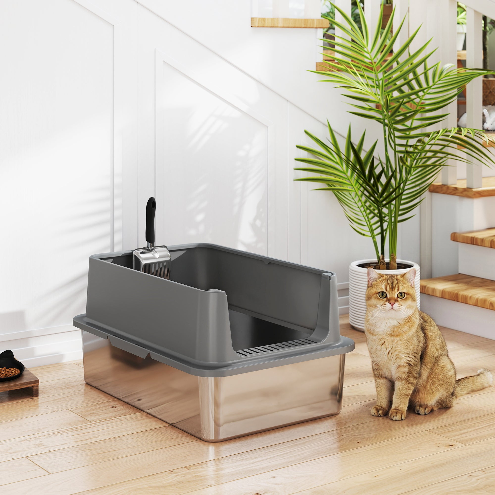 XL Stainless Steel Cat Litter Box for Big and Multiple Cats with High Wall Side, Scoop, Easy Cleaning & Odor Free