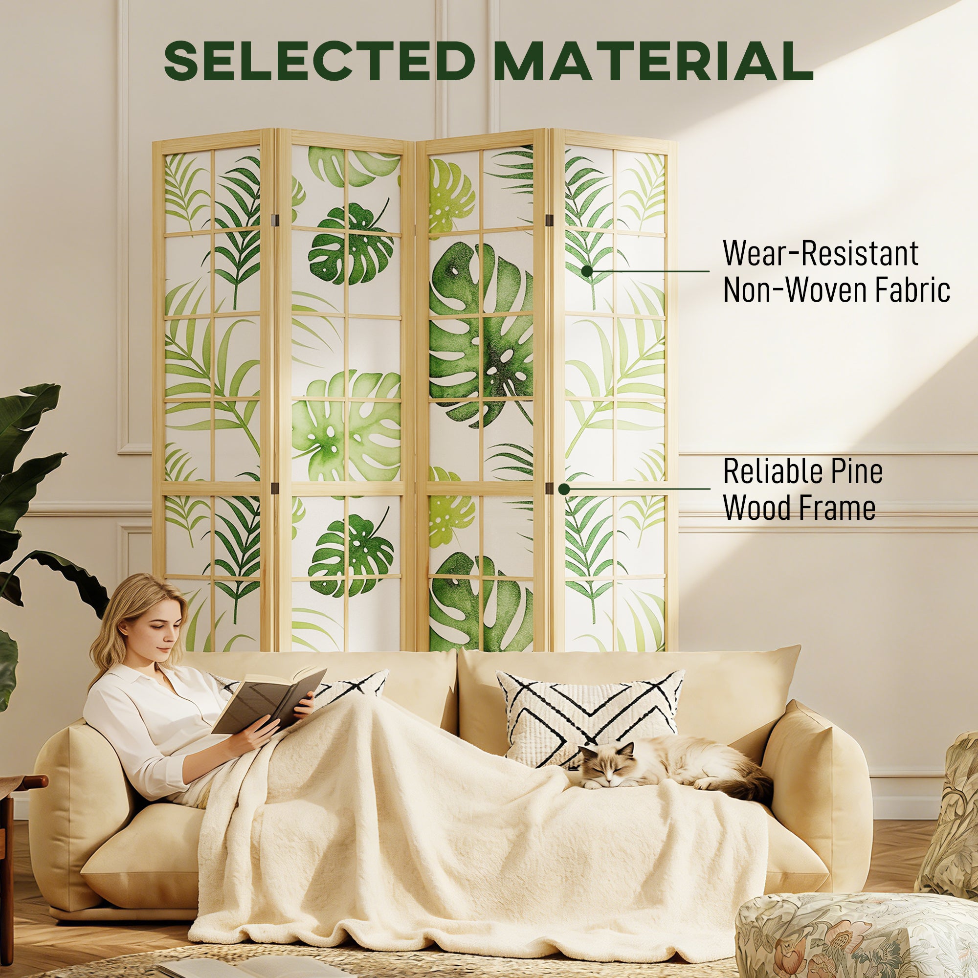 Paravent pliable à 4 panneaux, séparateur de pièce de 67" avec motif de feuilles de palmier pour le salon ou la chambre, naturel et vert