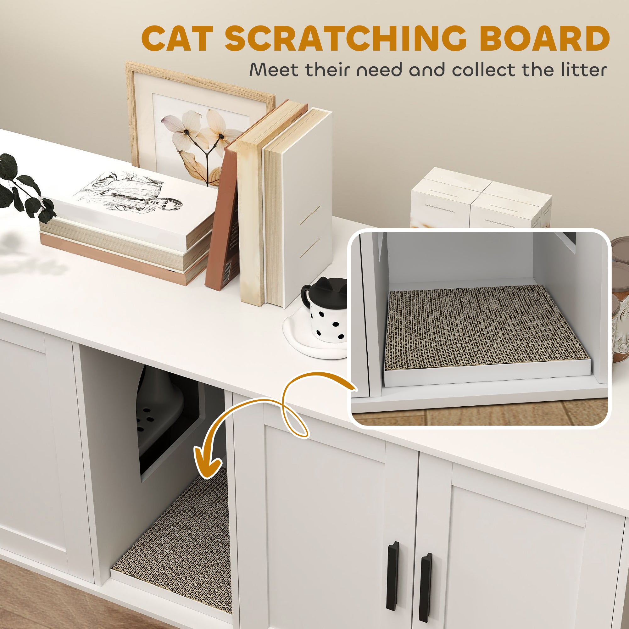 Cat Litter Box Enclosure with Double Room, Scratching Board for 2 Cats, 57" x 19" x 20", White