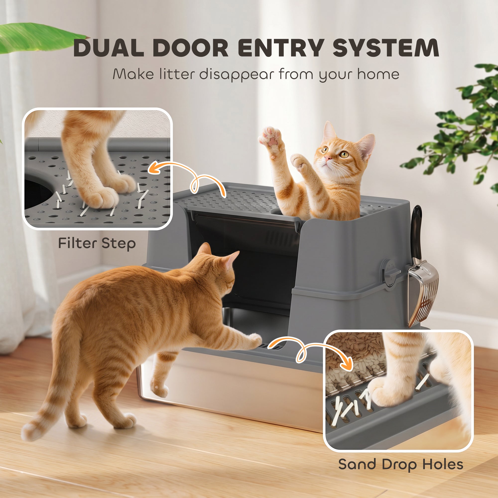 XL Stainless Steel Litter Box w/ 100° Flip Top, Scoop, Side Top Dual Entry, Odor Free, Easy Cleaning, Anti Leakage