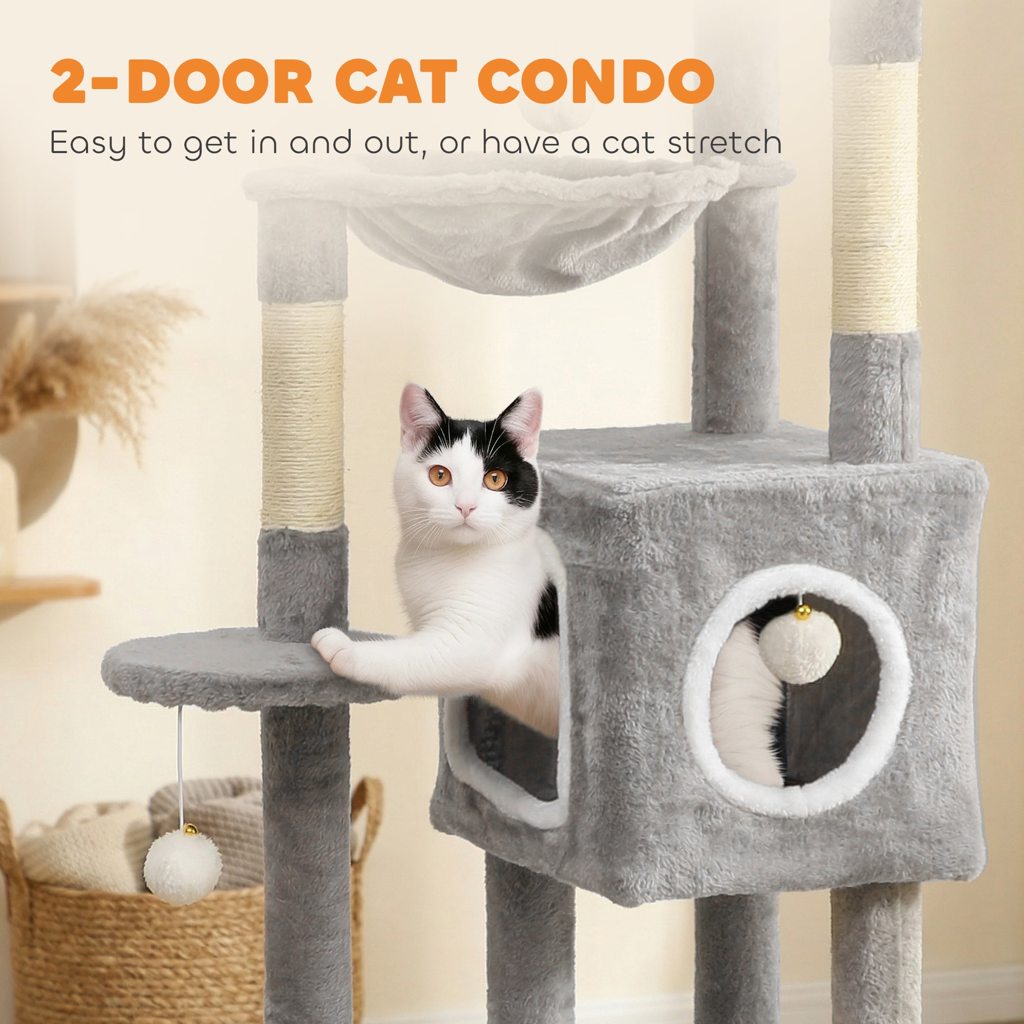 65 Inch Cat Tree with 2 Doors Condos, Plush Top Perch, Hammock, Sisal Scratching Posts, 4 Pompoms, Ramp, Grey