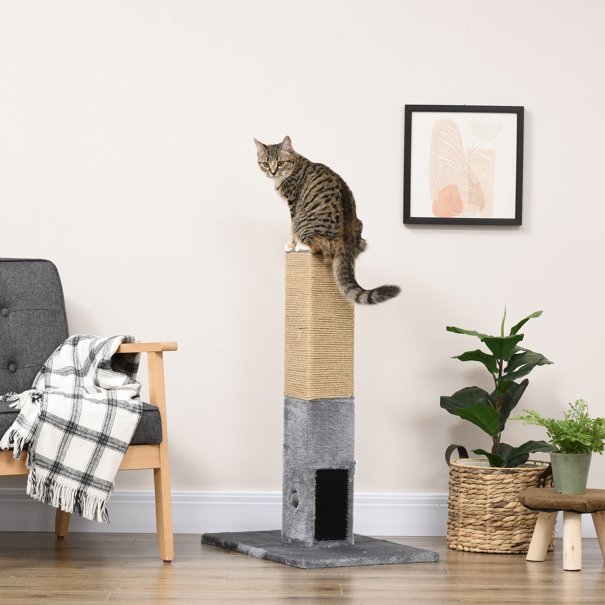 31" Tall Cat Scratching Post for Indoor Cats with Hanging Balls, Grooming Brushes, Stable Base, Grey