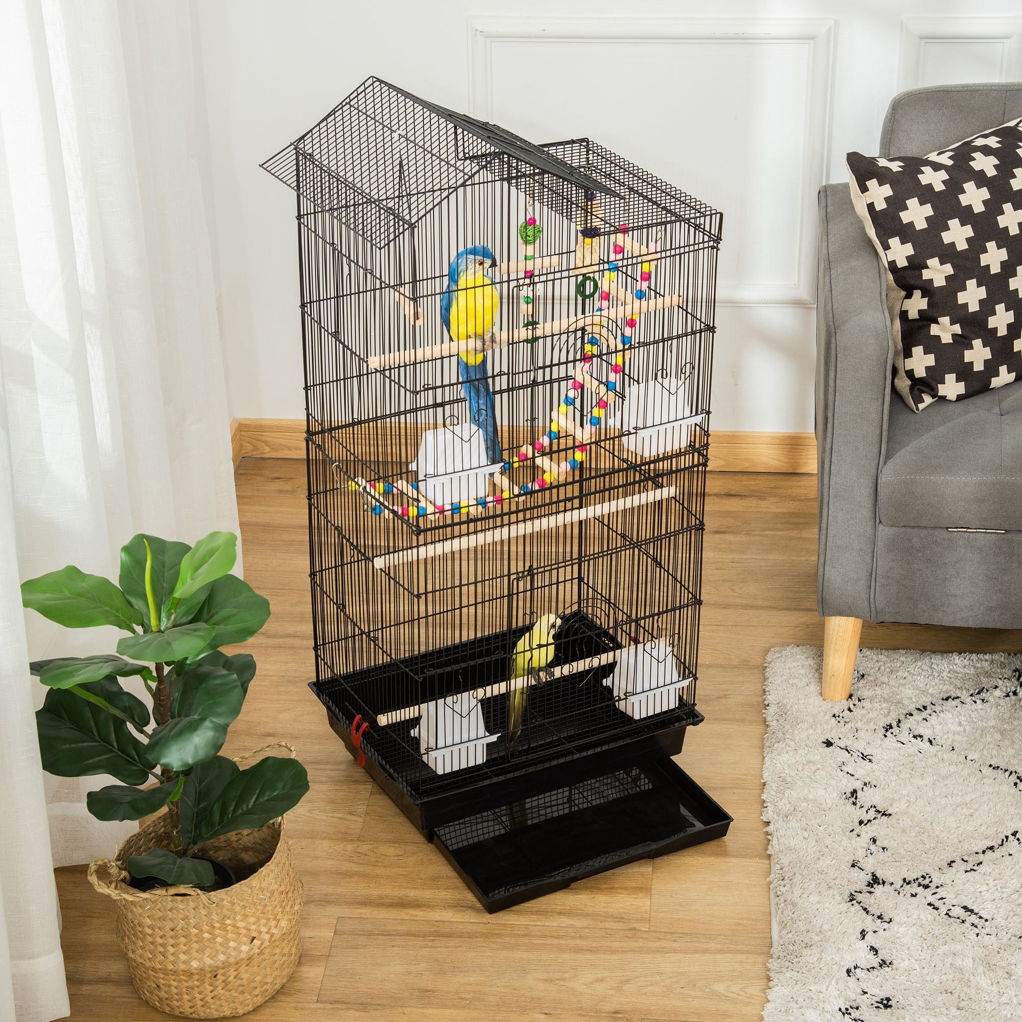 Cage à oiseaux de 39" pour perruches, calopsittes, conures et petits oiseaux, avec échelle, balançoire, jouets, perchoirs, plateau, mangeoires et poignée