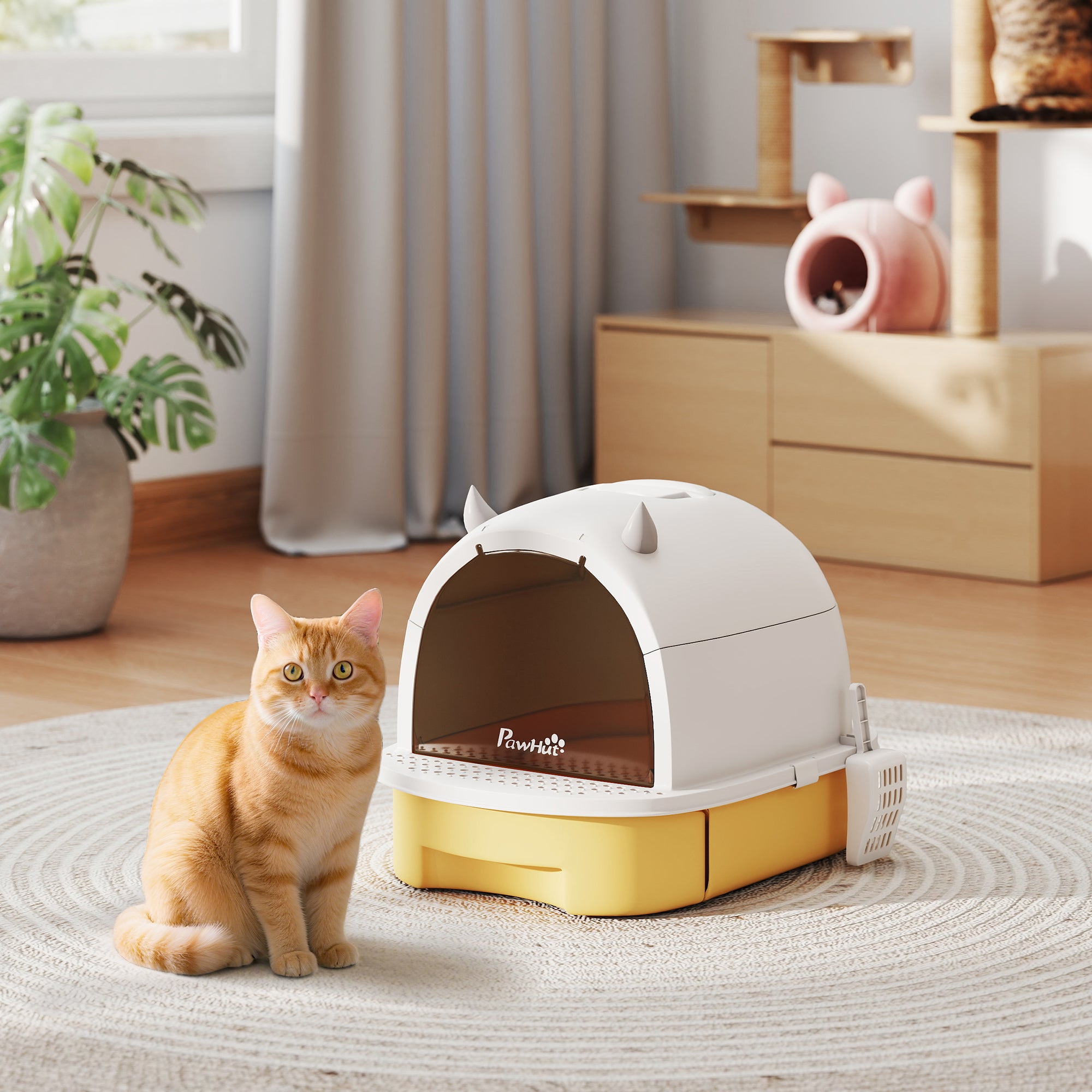Cat Litter Box with Lid, Front Door Flap, Scoop, Handle, Easy Clean, for Small and Medium Cats, Yellow