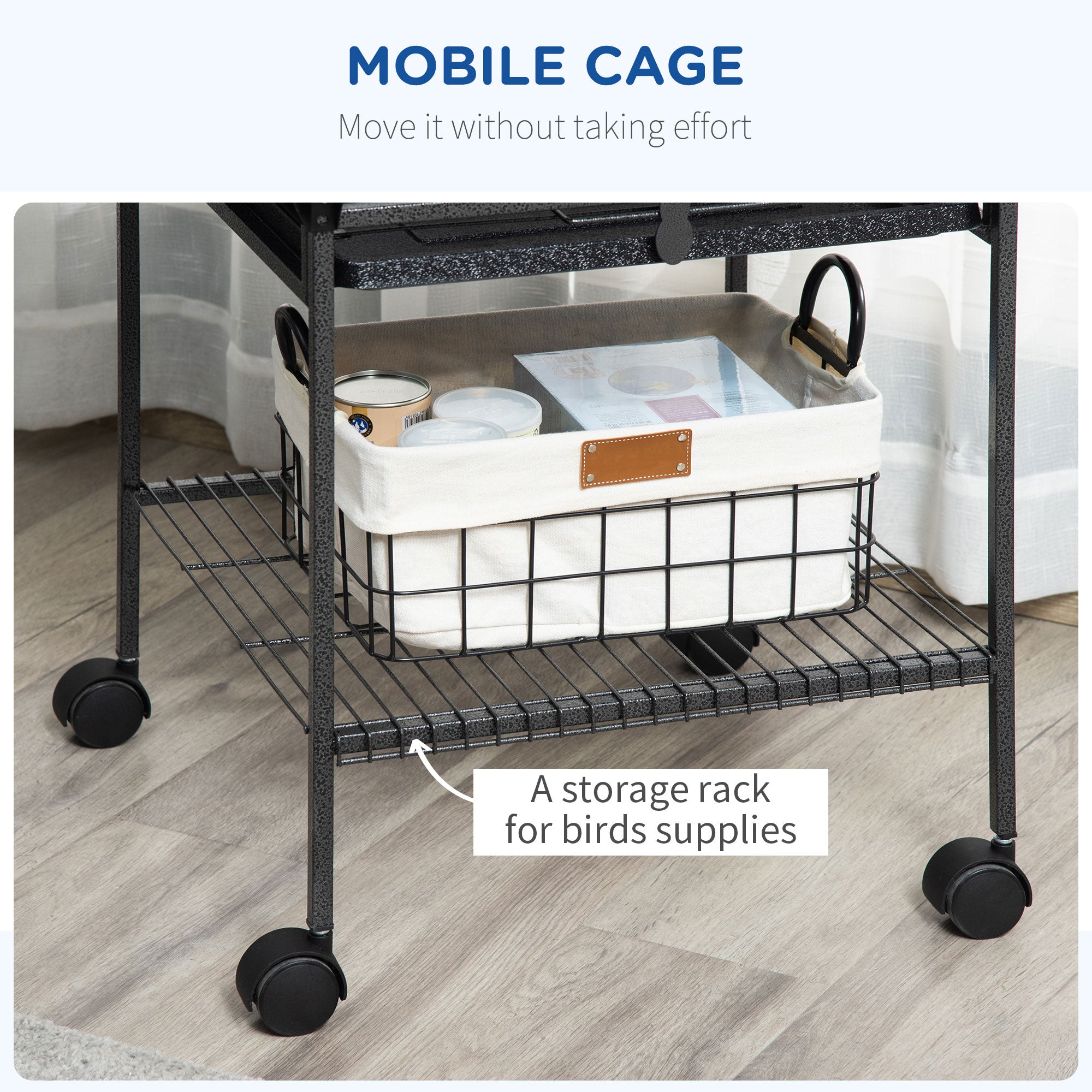 Cage à oiseaux de 61.5 pouces, maison pour perruches et calopsittes avec support, plateau amovible, aire de jeu supérieure, étagère de rangement, perchoir en bois et récipient à nourriture
