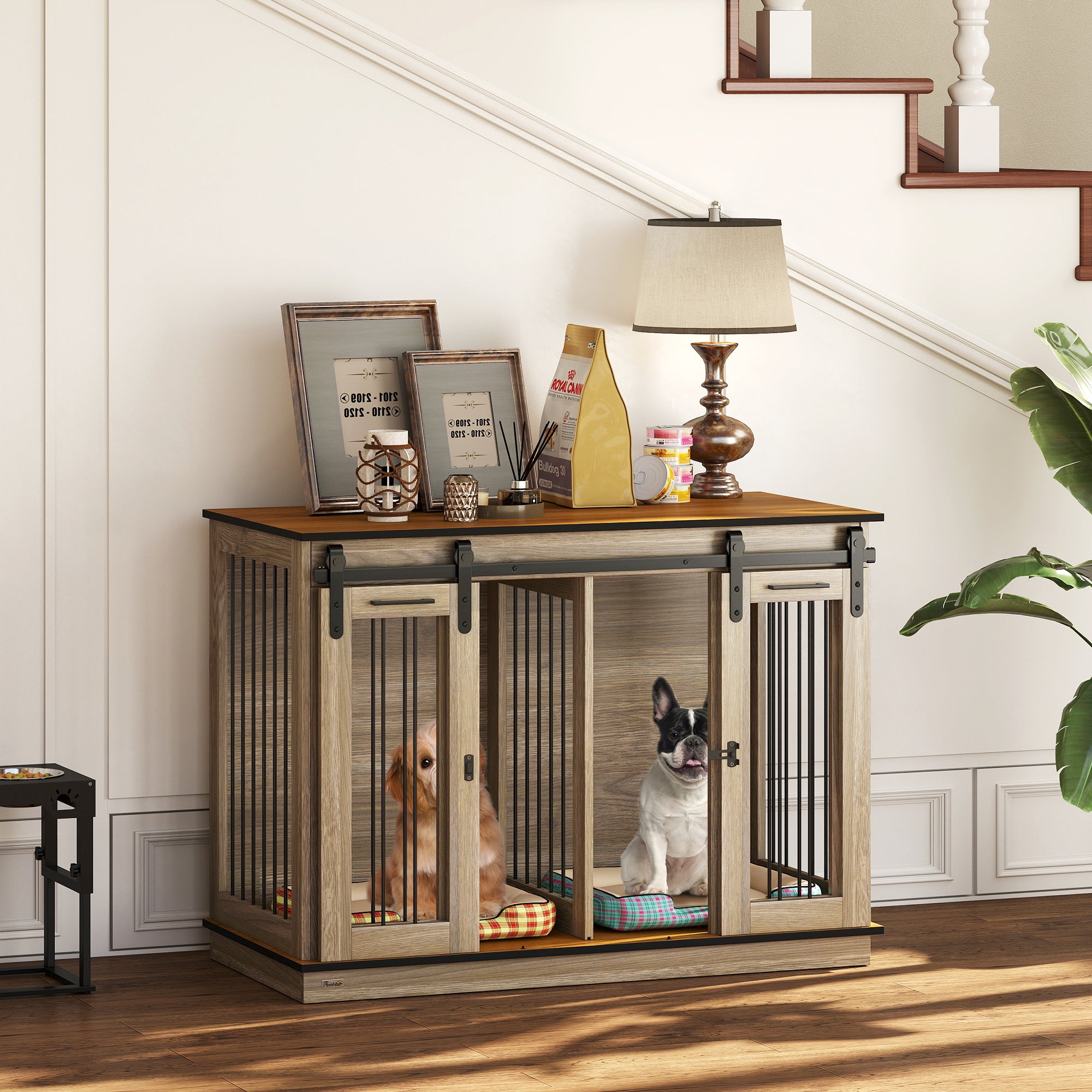 Meuble cage pour chien de 47 pouces avec panneau séparateur, niche en bois pour chien faisant office de meuble TV pour grands chiens, table d’appoint avec maison pour animaux pour 2 petits chiens, design à deux compartiments, 2 portes coulissantes, chêne