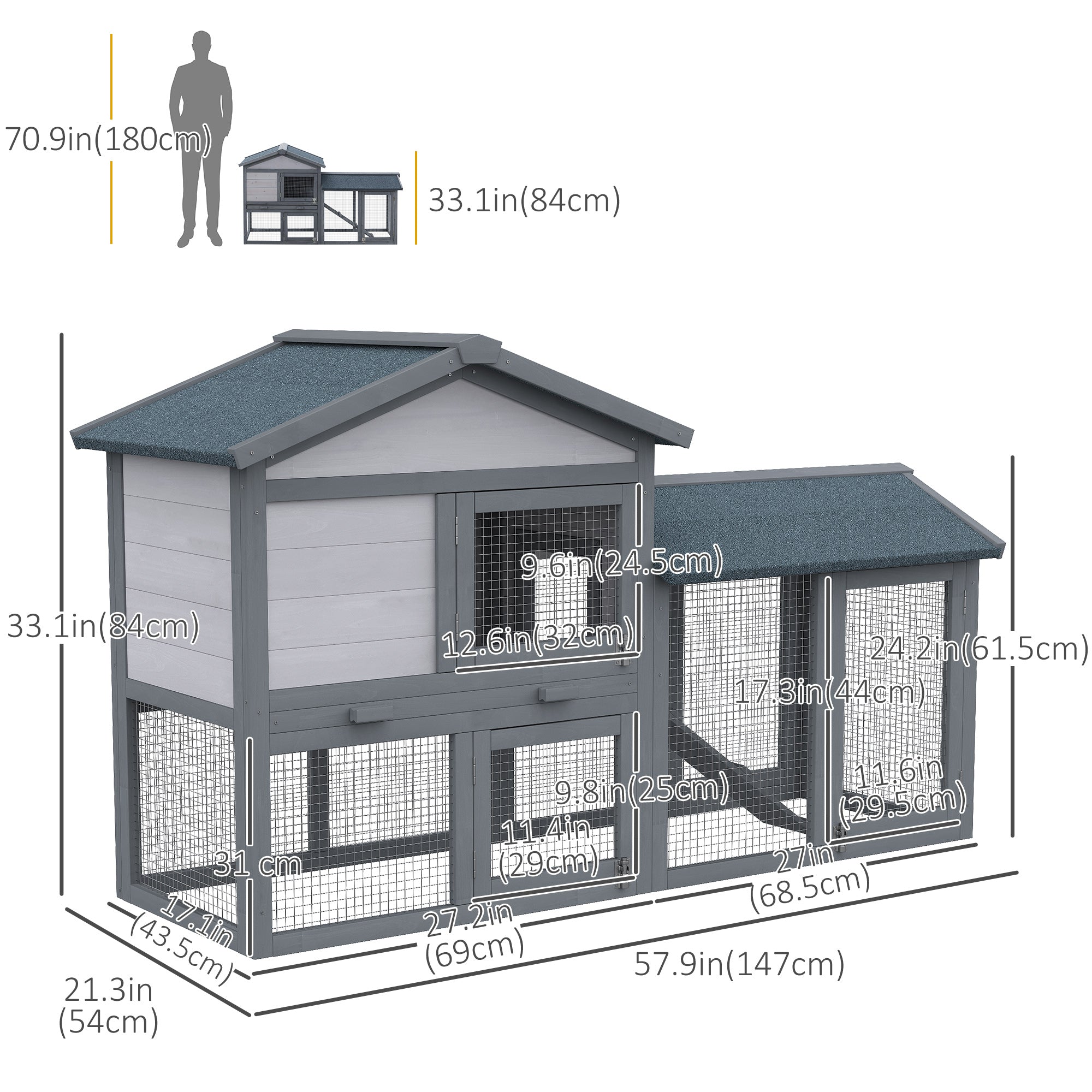 Clapier en bois pour lapin, cage extérieure pour petit animal, toit en asphalte avec rampe et enclos extérieur, gris foncé